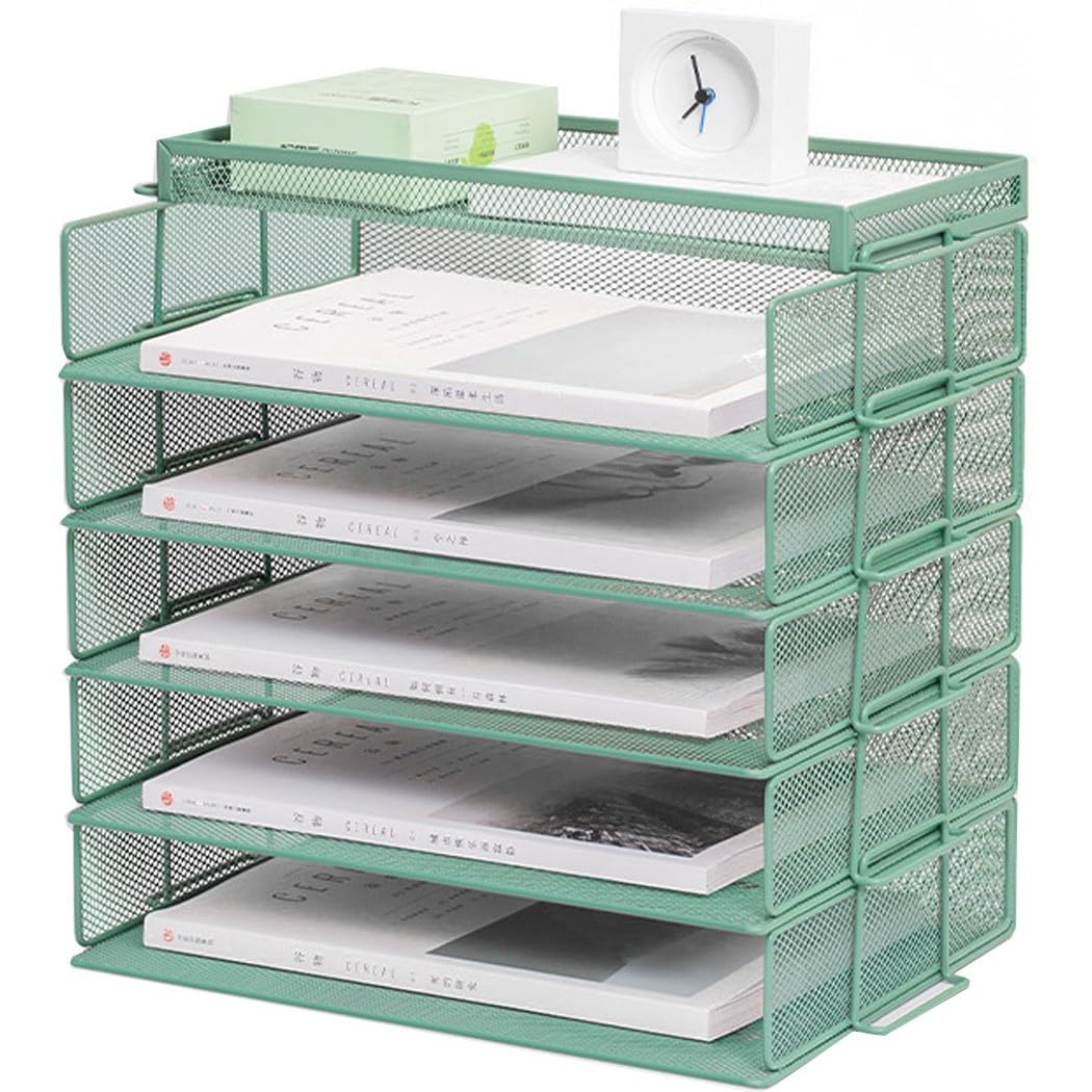 ZESLIV Desk Organiser with File Holder, 5-Tier Paper Organiser with Drawer and Top Box, Mesh Desk File Organiser with Magazine Holder for Office Organiser, Green