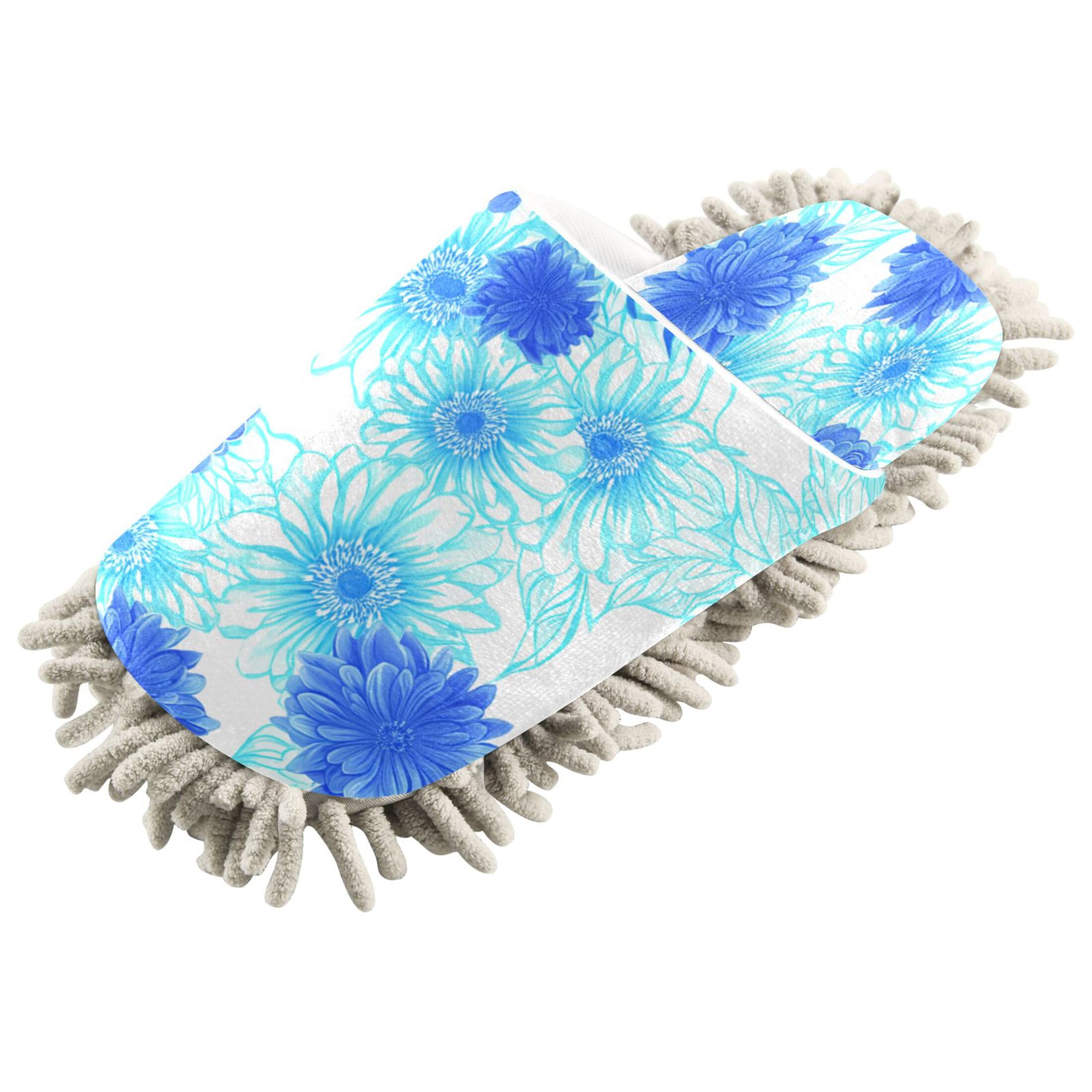 Kigai Blue Floral Mop Slippers for Floor Cleaning, Slippers for Women Men, Microfiber Floor Cleaning, M