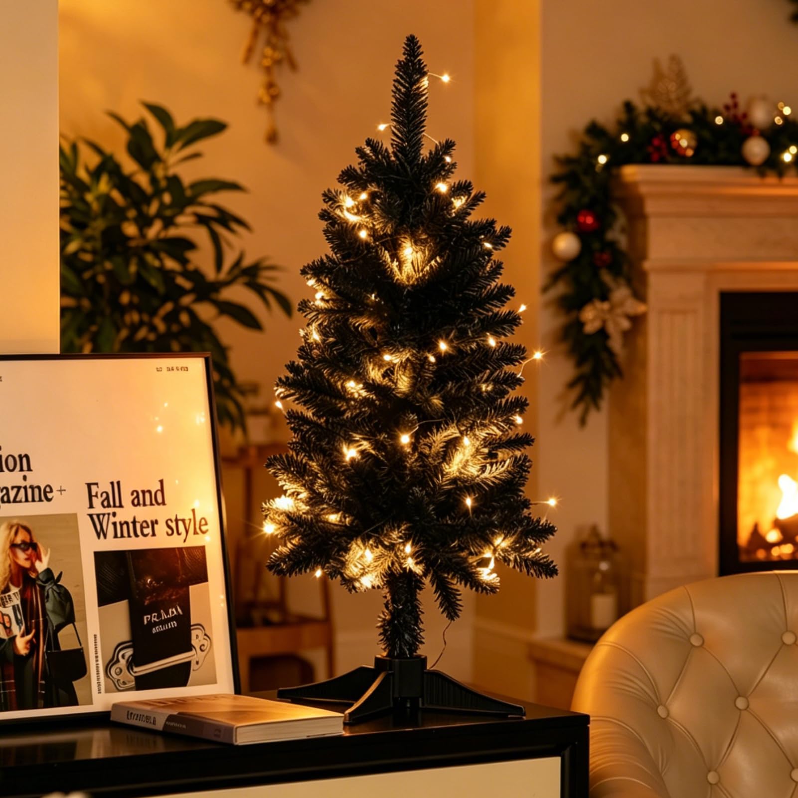 Sapin de Noël noir de 91 cm avec lumières – Petit sapin de Noël artificiel à charnière – Comprend une guirlande lumineuse de 50 LED, 160 branches denses et un support amovible – Sapin de Noël rose