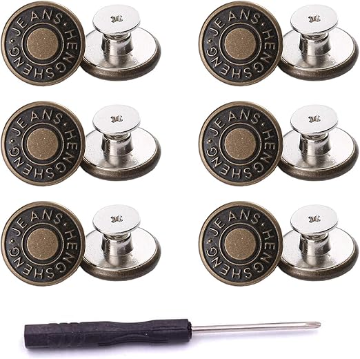 12 Pcs Button for Sewing Metal Jeans,ICEYLI 17 mm No-Sew Nailess Removable Metal Jeans Buttons Replacement Repair Combo Thread Rivets and Screwdrivers