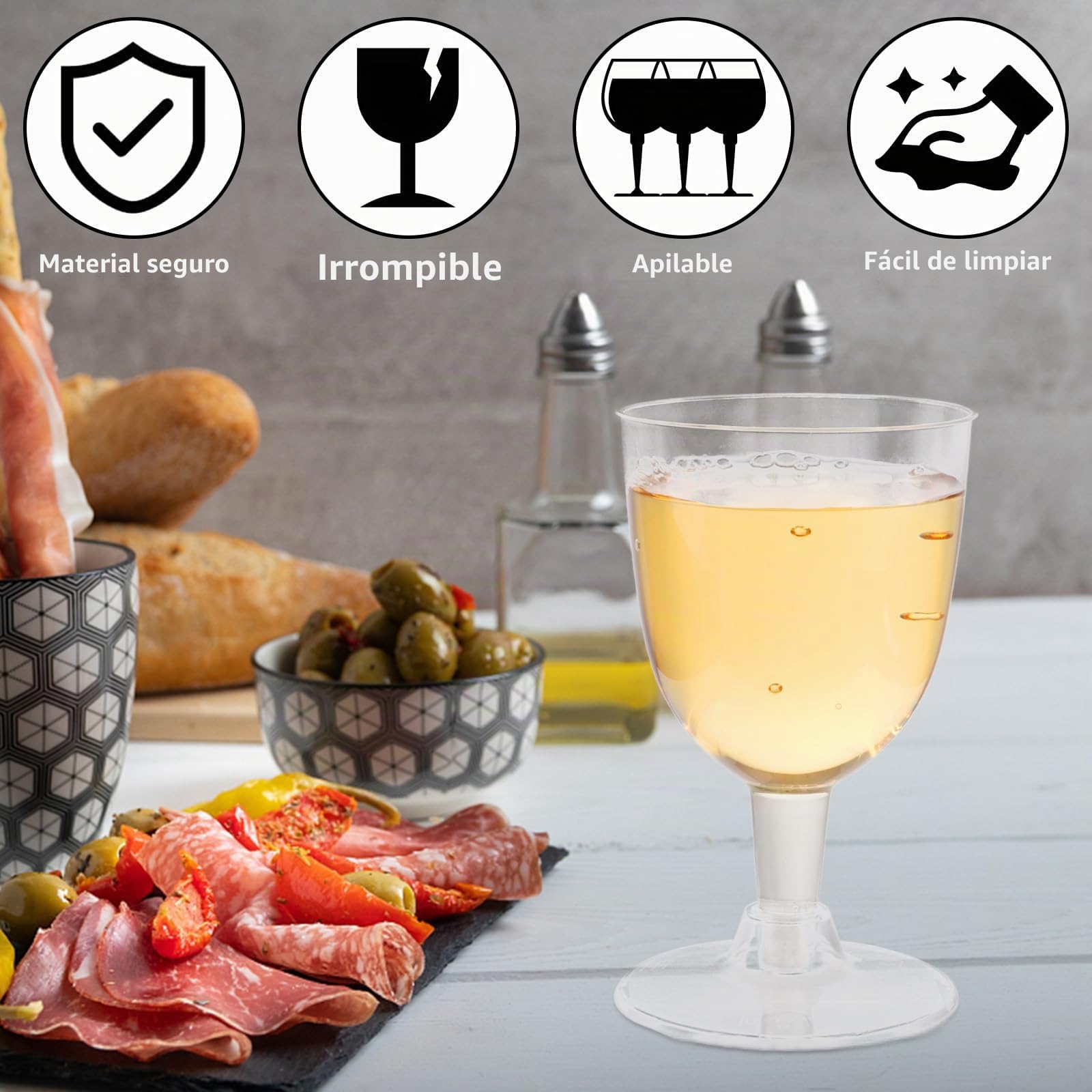 APACALI 100 copas de vino de plástico, 150 ml, copas de vino transparentes con tallo para bodas, cumpleaños, picnics