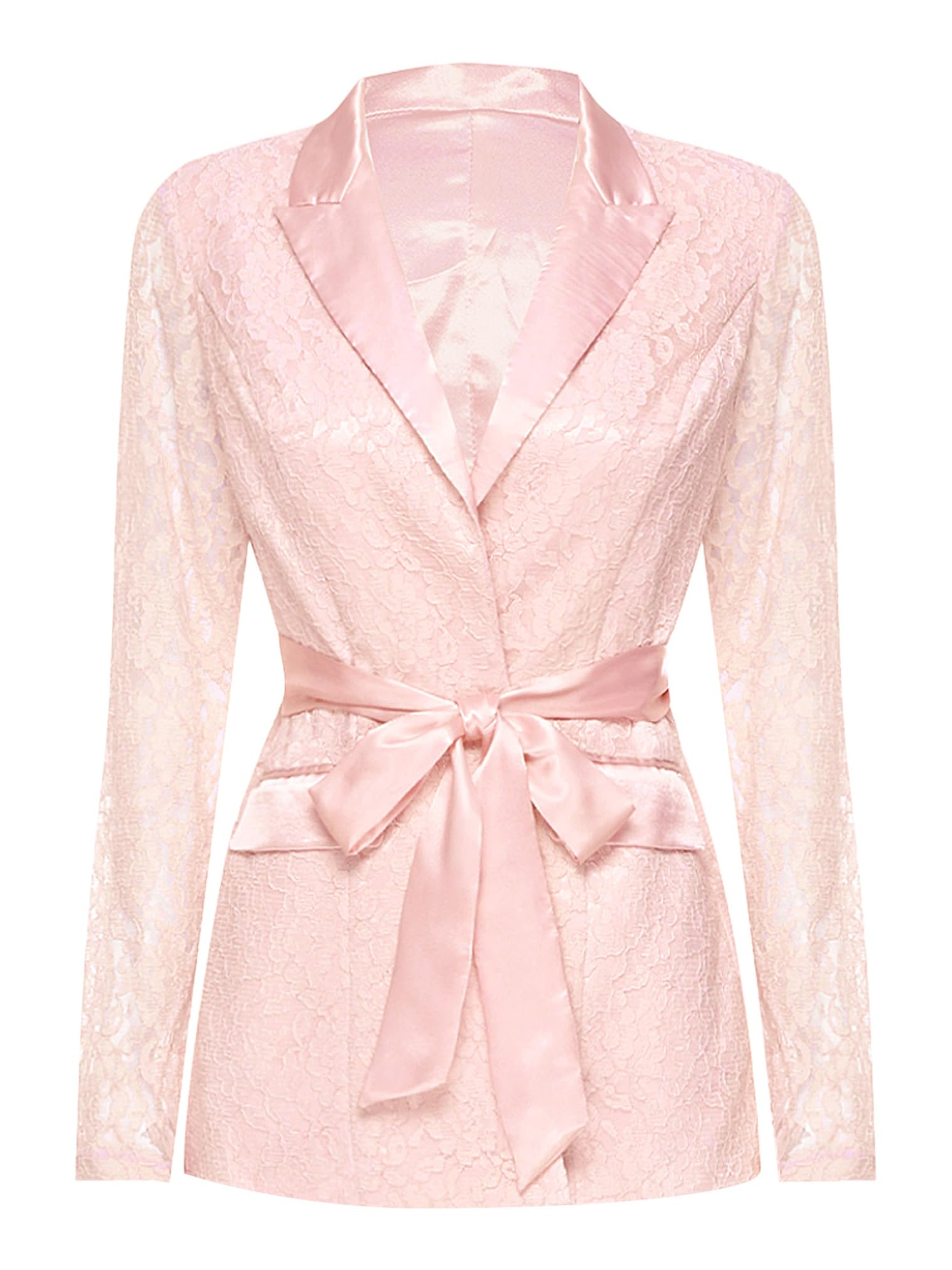 renvena Womens Floral Lace Blazer Long Sleeve Casual Sheer Mesh Open Front Jacket Belted Outerwear