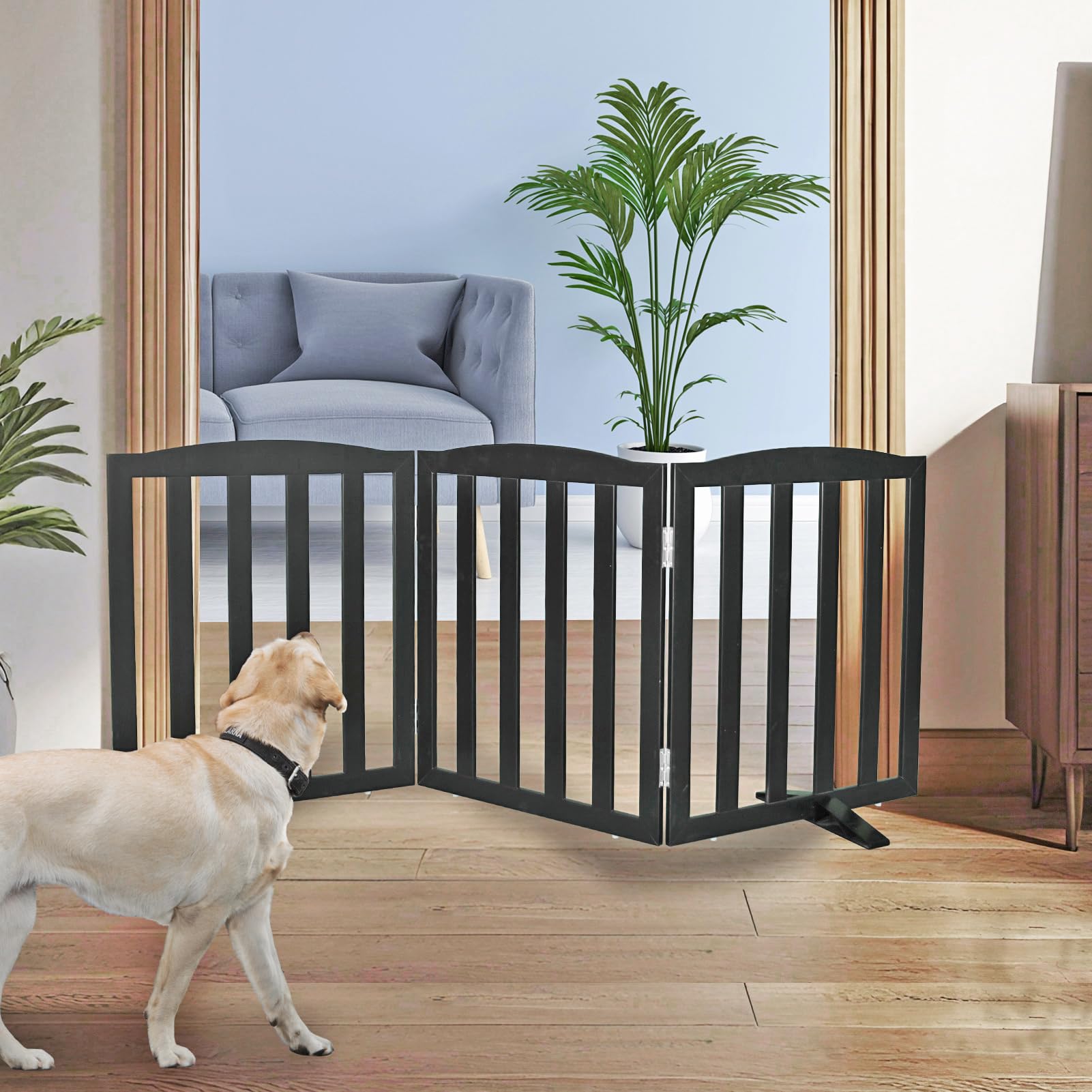 SFJC Freestanding Dog Gate Indoor,Doggie Gate Foldable Pet Gates for Doorways,Stairs or Hallways, Wooden Black Pet Gate for the House, Pet Fence with Support Feet Included,24 "Height-3 Panels