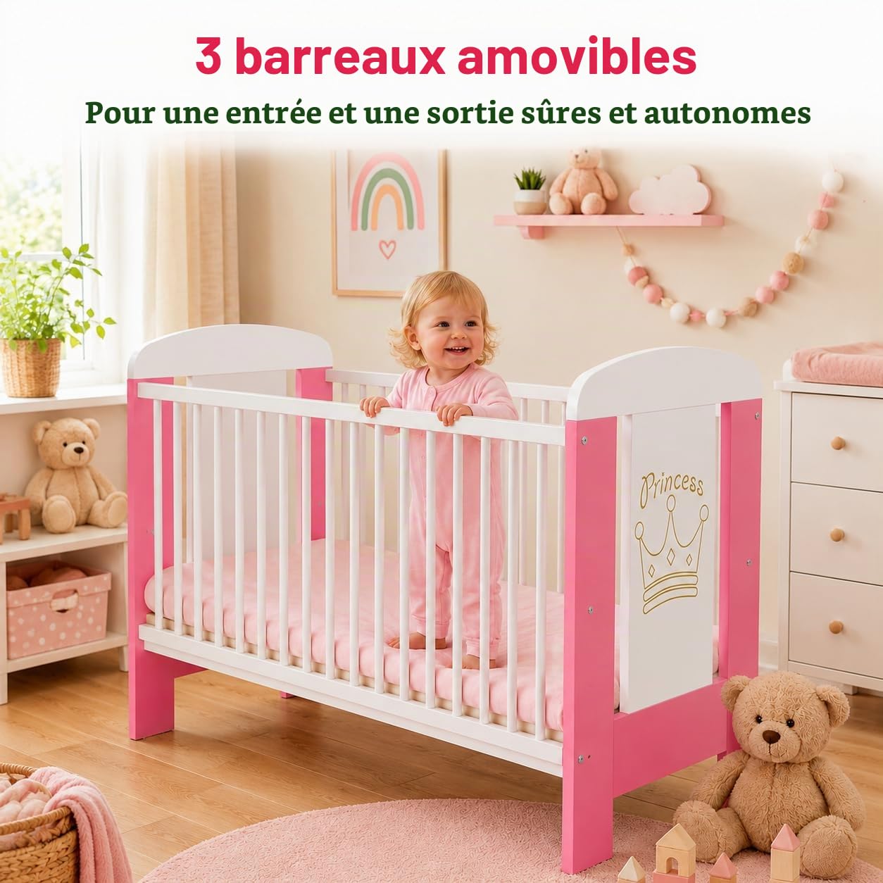 Lit bébé My Sweet Baby en 3 Couleurs sans Matelas Mousse 10 cm certifié lit bébé Blanc 4 Parties 120x60 (Pink Princess sans Matelas)