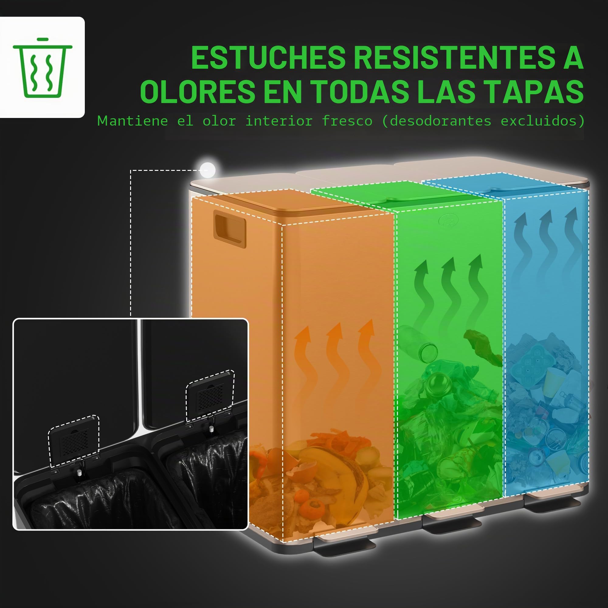 HOMCOM Cubo de Cocina Triple, Cubo de Pedal 3 x 15L, Cubo de Basura Triple de Acero Inoxidable con Tapa de Cierre Suave, Cubos Interiores Extraíbles, A Prueba de Huellas Dactilares para Reciclaje y