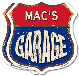 Mac's Garage (2 Pack) 12 inch X 12 inch Shield Shaped Commercial Grade Plastic Signs Weather Resistant, UV Protected To last, Gift for Dads and Uncles Classic Americana Crafted in the USA