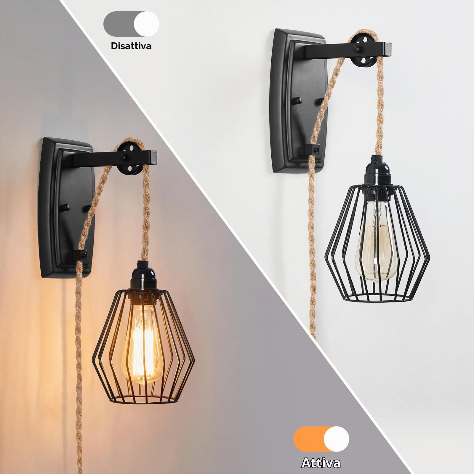 ENCOFT Lampada da Parete Interna con Interruttore Dimmerabile e Presa, Cavo di 4m, Plug-in Applique da Parete Interno Gabbia Industriale, Vintage E27 Luce Illuminazione da Muro per Soggiorno