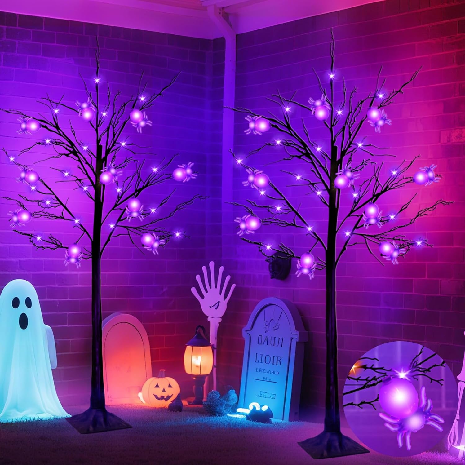 Timer - 2 Pack 4 Ft Halloween Tree Black Spooky Tree with Total 96 LED Purple Lights and 20 DIY Spiders Ornaments Artificial Tree for Halloween Decorations Outdoor Indoor Home Yard (8 Stakes)