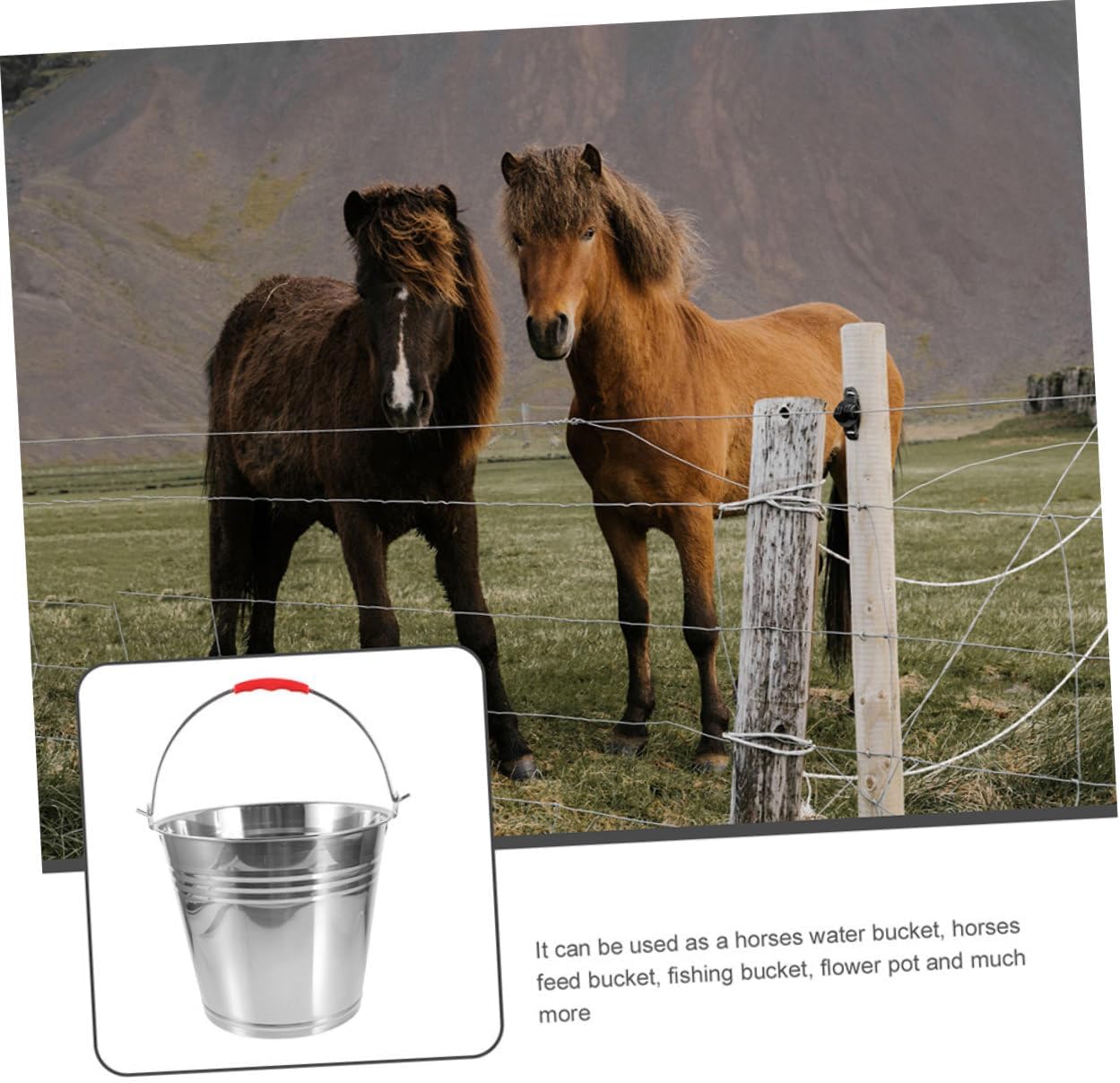 Stainless Steel Horse Feed Bucket Water Feeder for Stalls Portable Pail Handle
