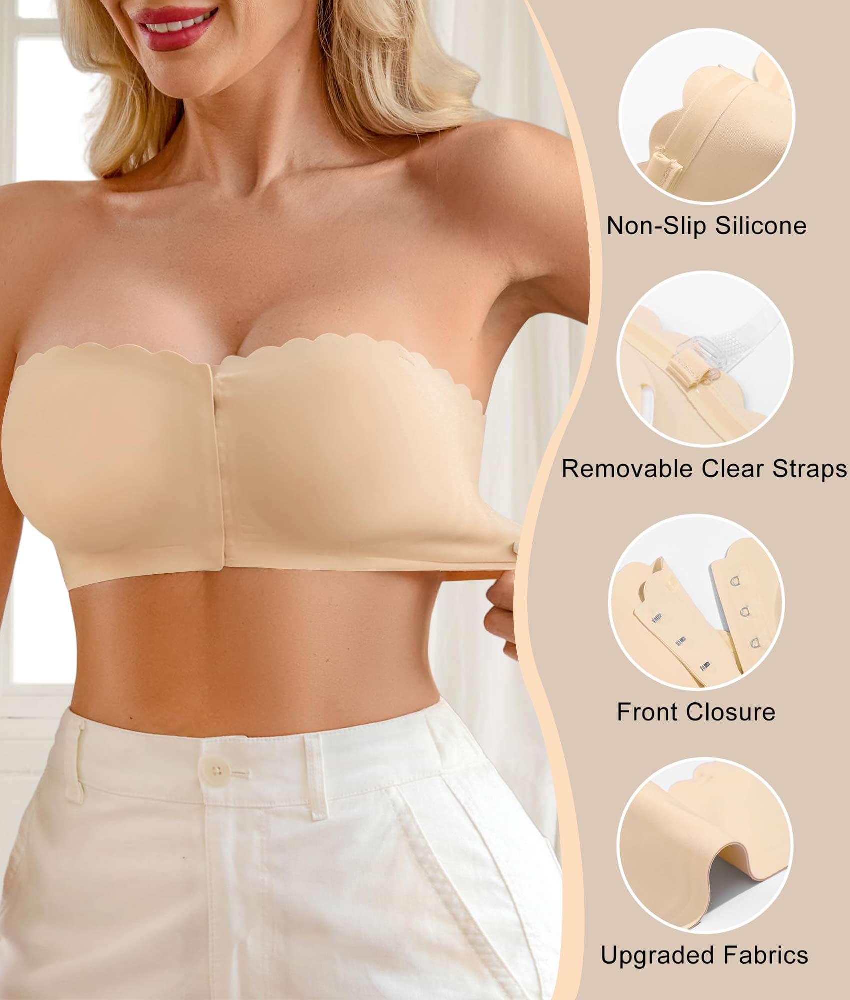 CheChury Sujetador sin Tirantes sin Aros Bandeau Top Push up para Mujer Comodos Sujetadores Tallas Grandes Multifunción Ajustables Bralette Invisible Reductor Costuras Básico Soporte Antideslizante