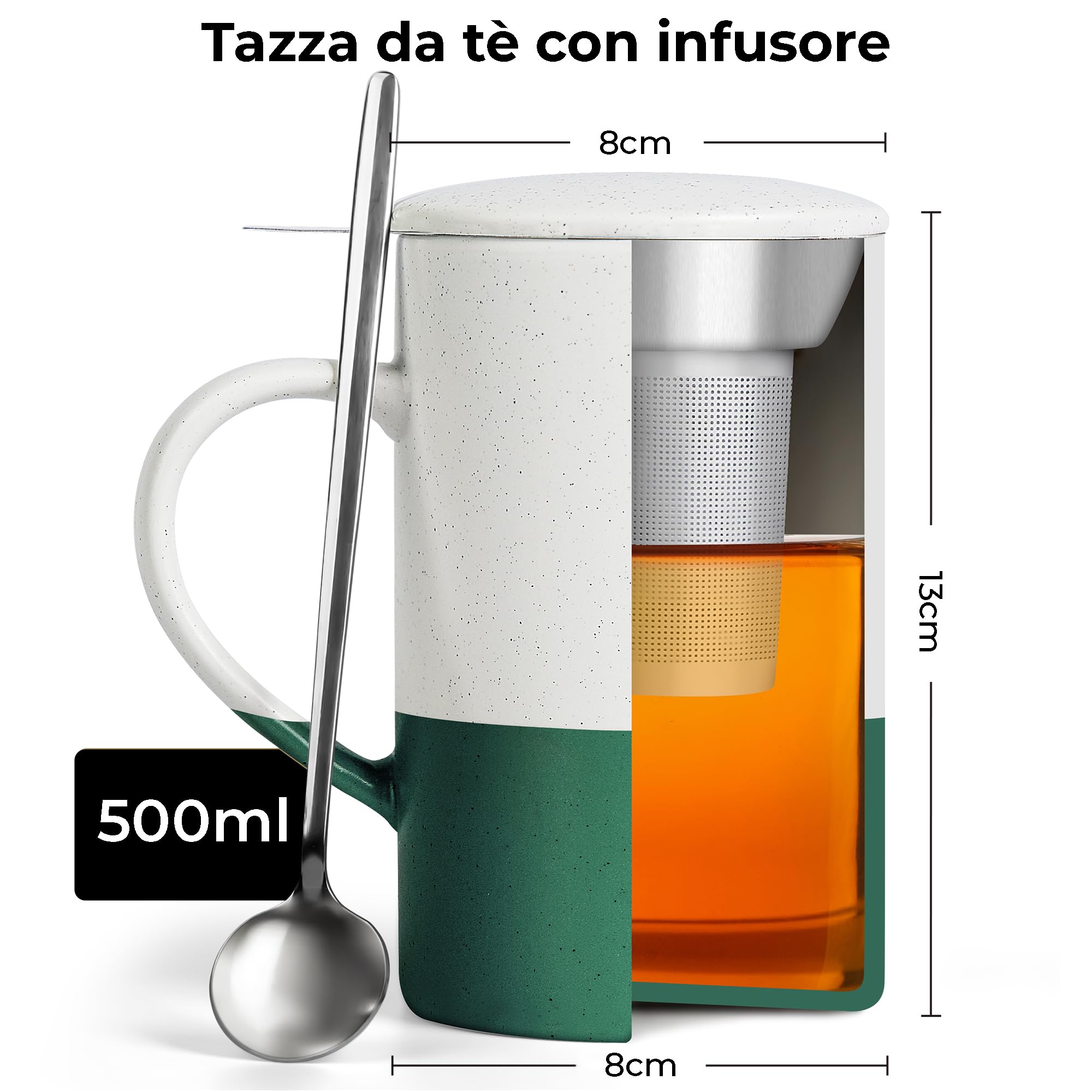 MIAMIO - Set di tazze da tè 2 x 500 ml con infusore e coperchio/Tazza da tè in ceramica con infusore e cucchiaio per la macerazione del tè in foglie, regali per gli amanti del tè (Verde scuro)