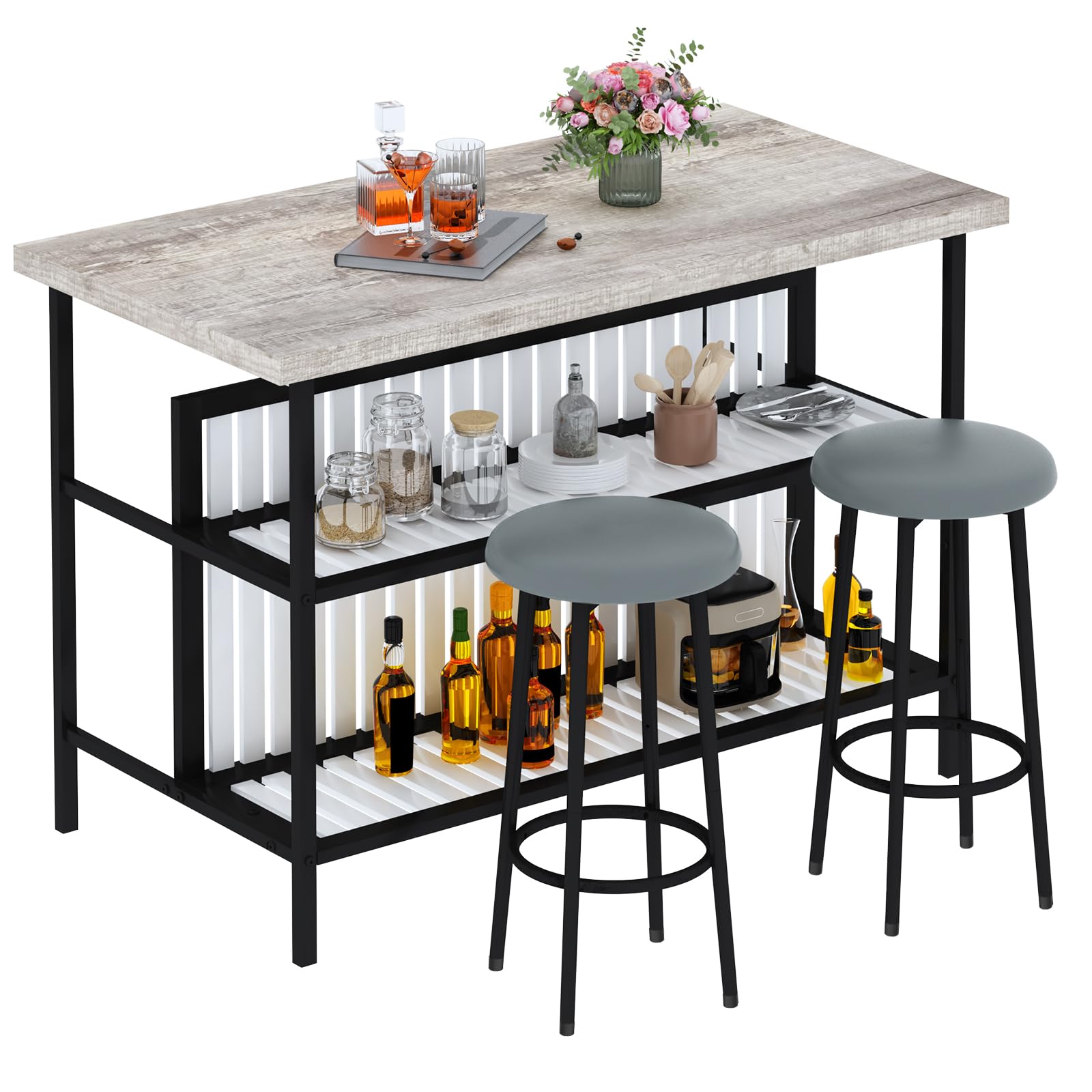 AWQM Kitchen Island with Seating & Storage Shelf, Faux Marble Island Table for Kitchen, Modern Bar Table and Chairs Set for 2,Dining Table Set for