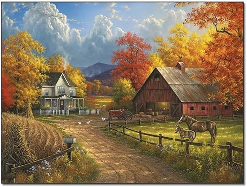 Póster de arte campestre de otoño, paisaje, bosques, valla de granja, casa de granero, tractor, póster (2) pósteres de pintura en lienzo e