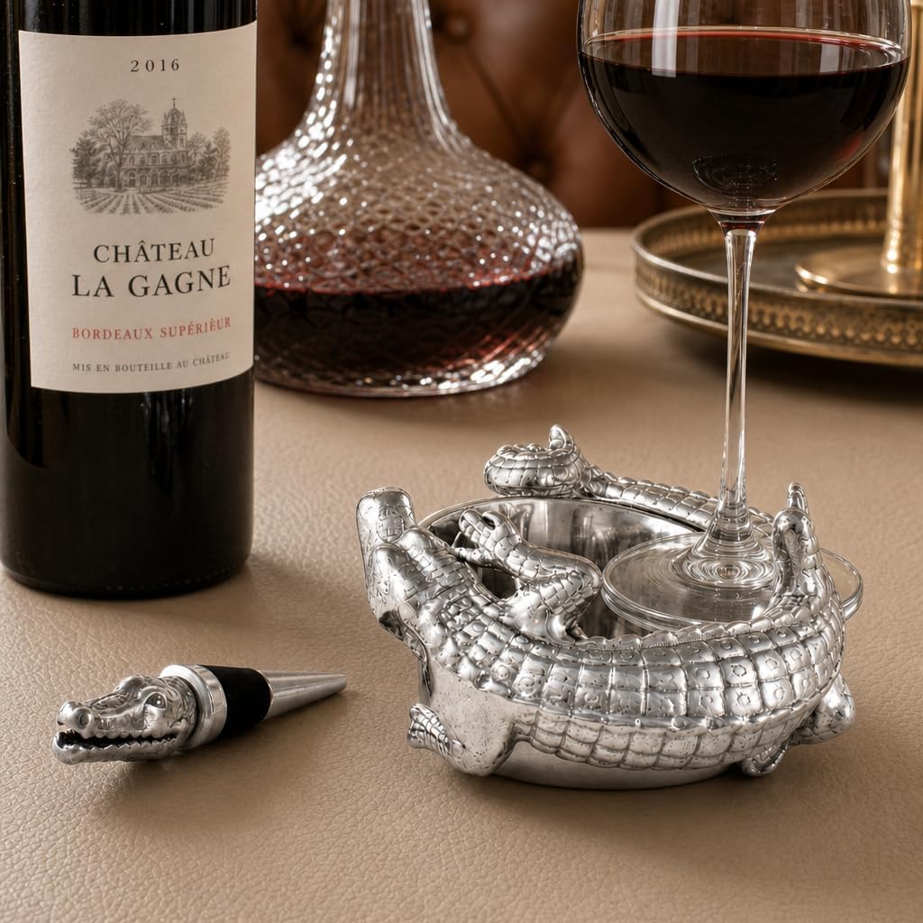 Arthur Court Alligator Wine Coaster and Stopper Set - Polished Aluminum Barware - 4 Inch Diameter, 3.5 Inch Tall image 3