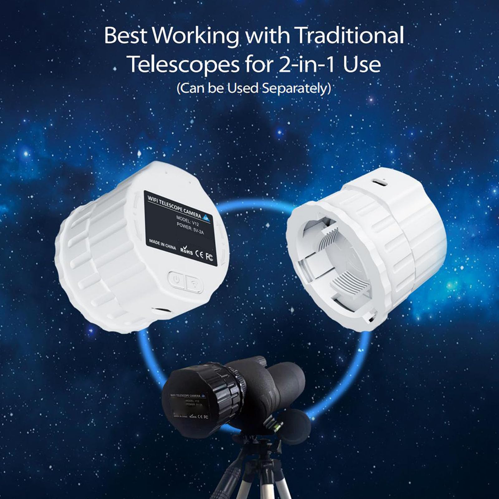 Kamera z Okularem Teleskopowym WiFi do Astronomii, Elektroniczna Kamera z Okularem 4 MP 2K do Astrofotografii i Obserwacji Ptaków, do Lunet 30–50 Mm (WHITE)