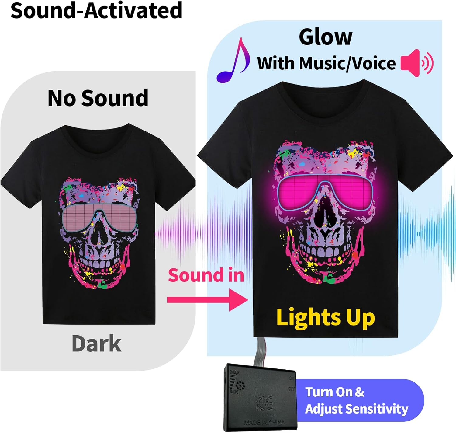 Sound Activated LED T-Shirt, Glow in The Dark Light Up Shirt for Men, Neon Shirt for Rave, Glow Party, Concert, Halloween - Image 2