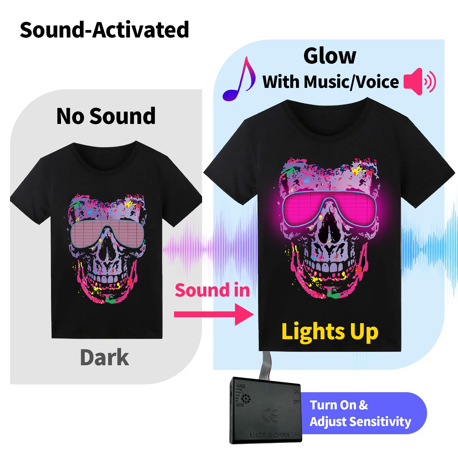 Sound Activated - Maglietta a LED, illuminata al Buio, Maglietta da Uomo, Maglietta al Neon per Rave e Feste Luminose, concerti, Halloween