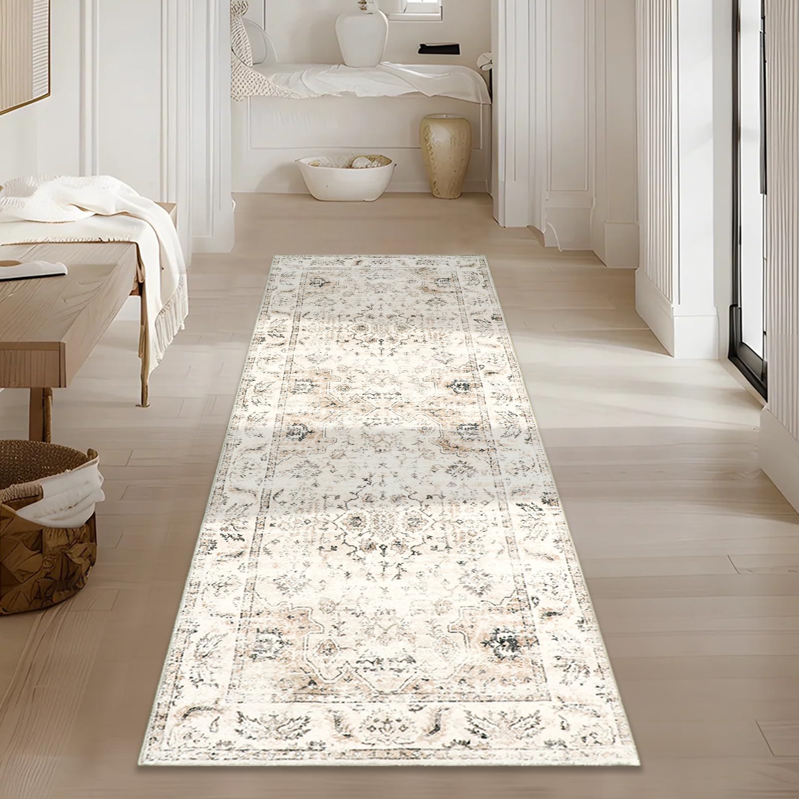 Homcomoda Boho Runner Rug for Hallway 2x6 Non Slip Washable Kitchen Runner Rug 6ft Beige Distressed Runner Rugs Low Pile Carpet Runner for Hallway Kitchen Laundry Room