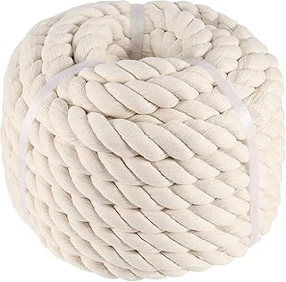 1 Inch x 50 Feet Natural Cotton Rope, 3 Strand Thick Twisted Cotton Cord Soft Rope, Unbleached Cotton Cord Macrame Rope for Crafts, Sporting, Hanging Baskets and Home Decorating