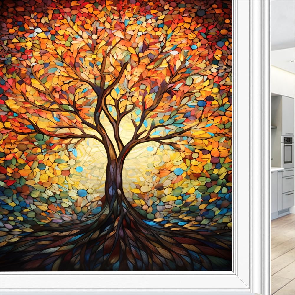 Foccar Style A Abstract Trees Window Film Sun Blocking Colourful Natural Plants Stained Glass Window Film No Glue Decorative Window Cling For Home Window&Glass Door 70 X 100 Cm