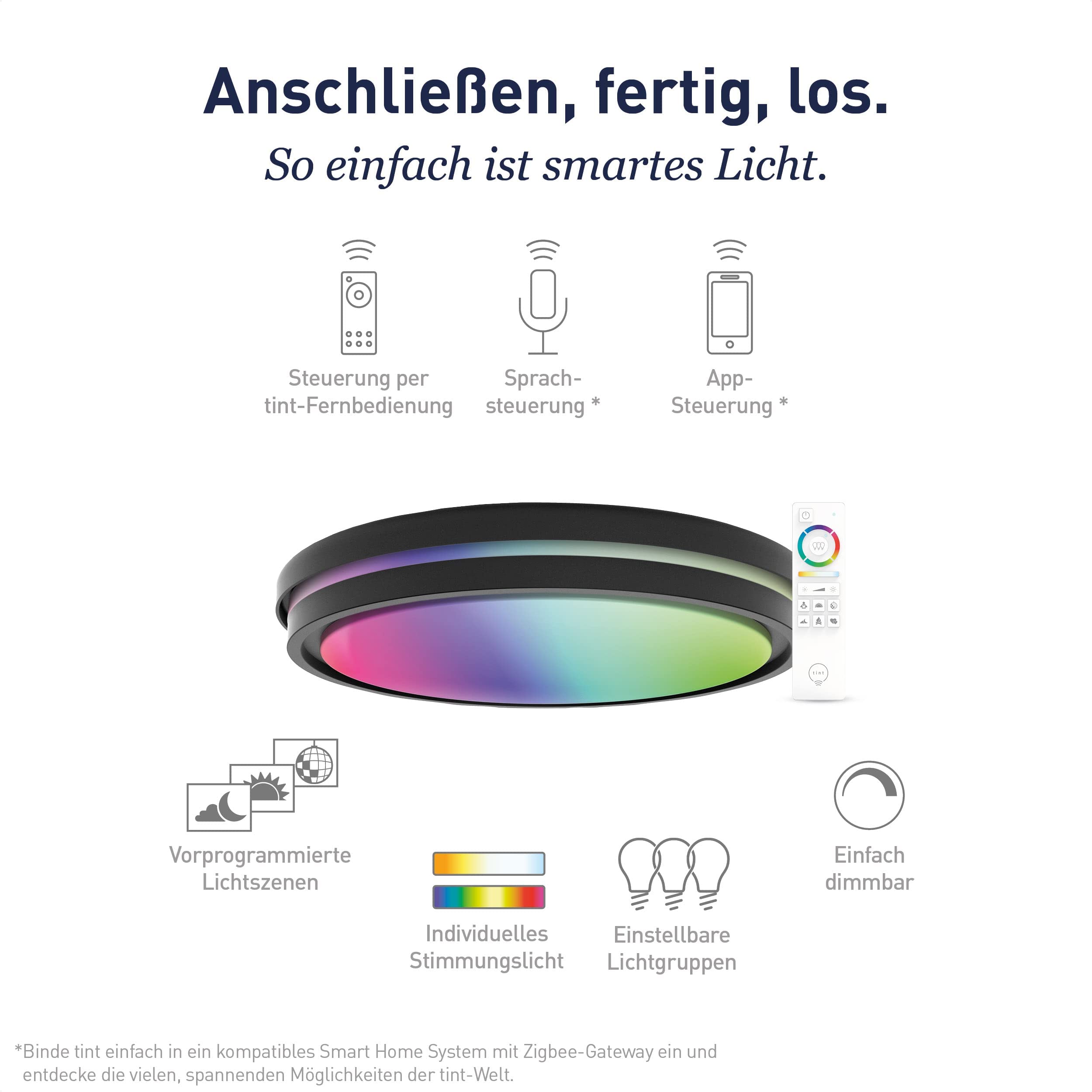 tint Smarte LED-Deckenleuchte KEA – Steuerbar per Alexa oder Fernbedienung – Dimmbare Beleuchtung mit weißem (1800-6500 K), farbigem RGB und indirektem Licht, 22 W – Ø 52 cm