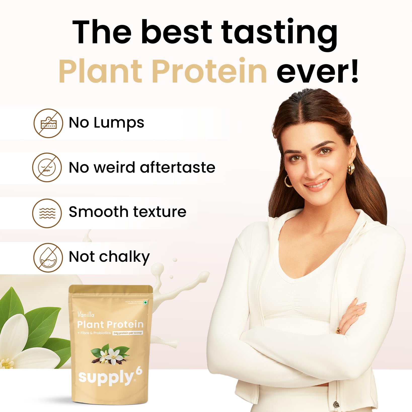 Supply6 Plant Protein | 24g Vegan Protein with Probiotics & Fibre | Complete Amino Acids | Gut-Friendly, Zero Sugar, No Chalkiness | Delicious Taste (1000g, Vanilla) — Amazon image 2