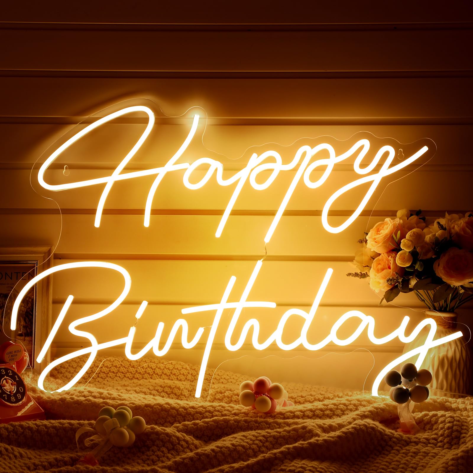 30" x 21" Large Happy Birthday Neon Sign LED Neon Light Signs with Dimmable Switch 12V Power Adapter Chain Reusable Happy Birthday Decorations for Party Room Wall Art Backdrop (Warm White)