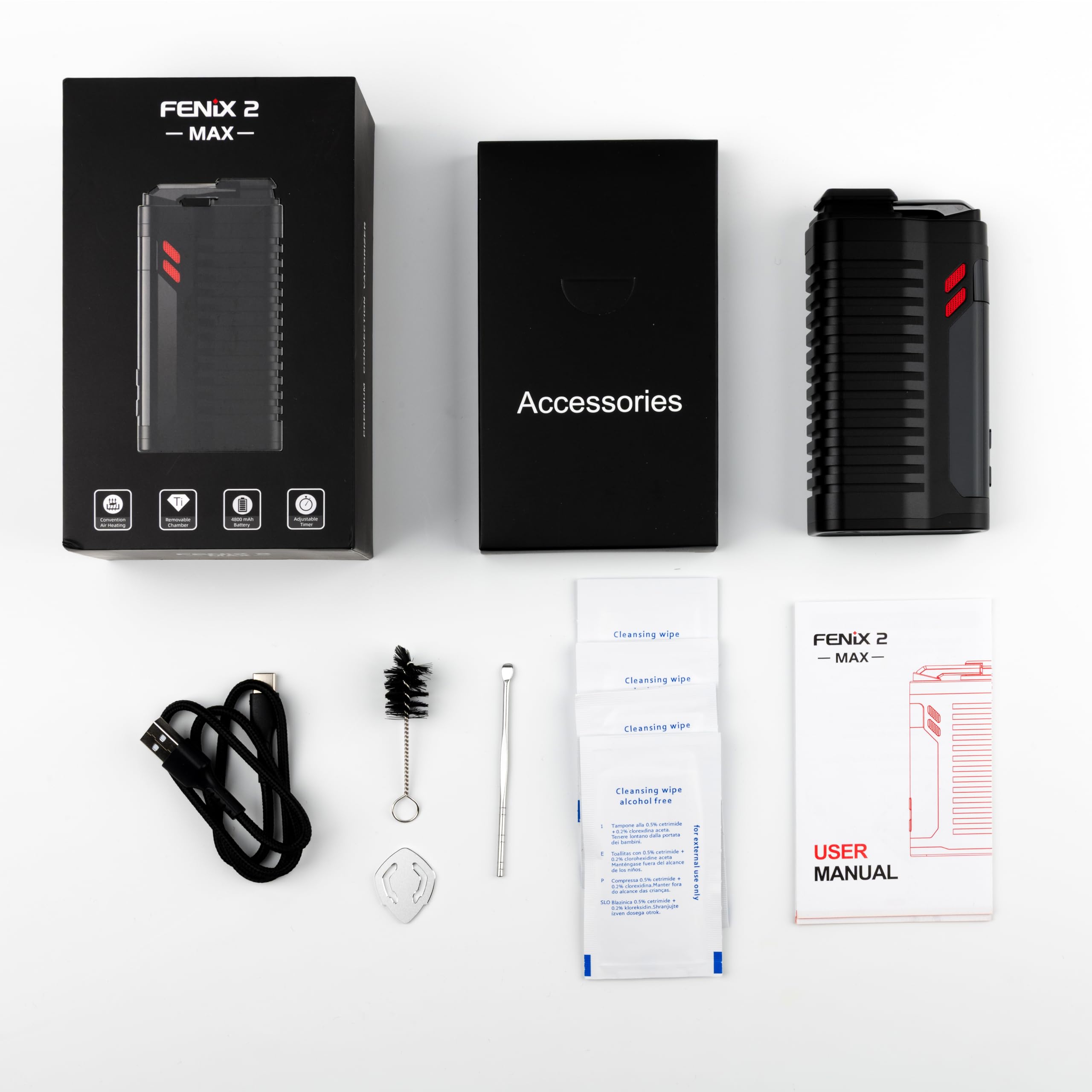 FENiX 2 MAX Vaporizer mit Konvektion für Kräuter & Extrakte *Schwarz* | Titankammer | 4800-mAh-Akku | hohe Dampfqualität | 160 bis 221 °C | OLED-Display | kurze Aufheizzeit | USB-C