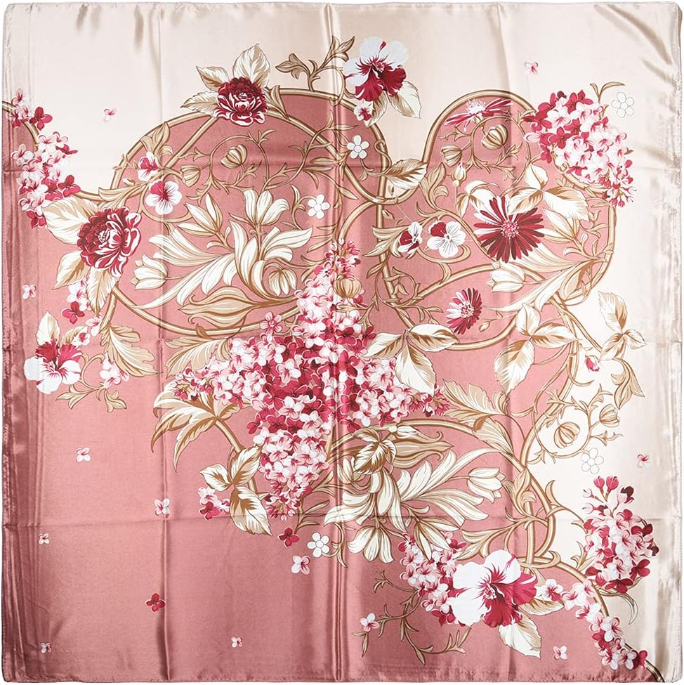 vabovin Silk Like Head Scarf, Women's 35'' Satin Large Square Hair Scarves and Wraps Headscarf for Sleeping 24- Pink Flowers