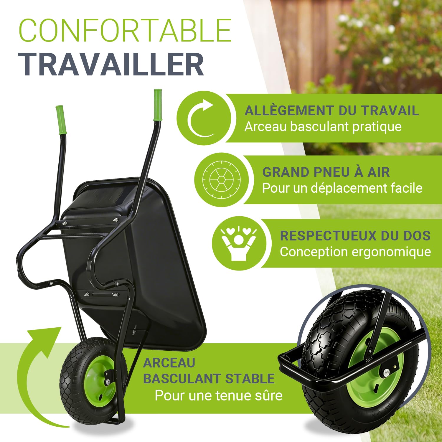 Juskys brouette Garden - Volume de 100 litres - 210 kg - pneus gonflables avec Jante en métal - Cuve galvanisée - brouette de Jardin - Noir