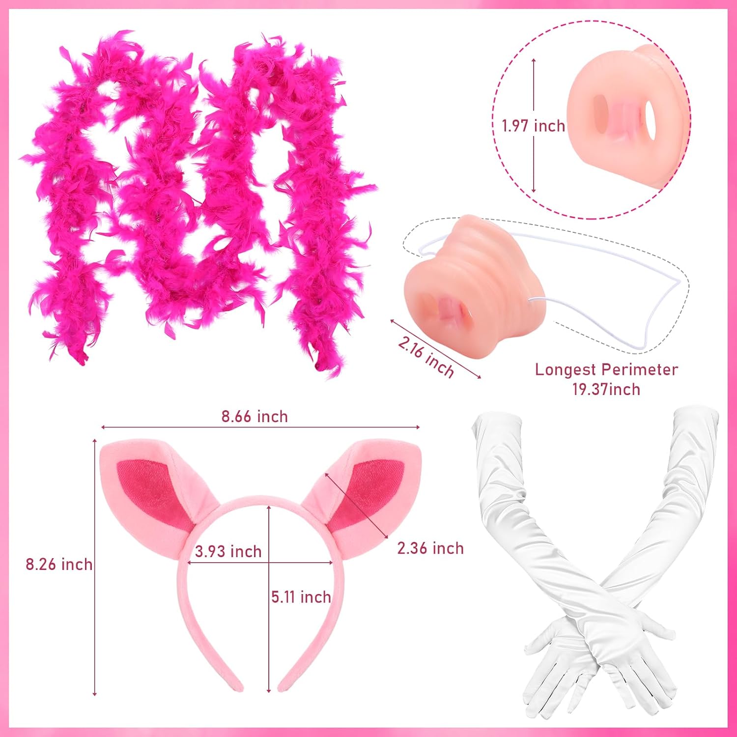 4 Pcs Pig Costume Accessories Set Pig Ears Headband, Nose, Pink Feather Boa Decoration and White Long Satin Gloves for Women Halloween Cosplay Party - Image 2