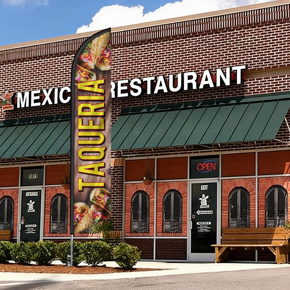 Taqueria Advertising Feather Banner Swooper Flag Sign with 15 Foot Flag Pole Kit and Ground Stake, Outdoor Mexican Food Spanish Signs