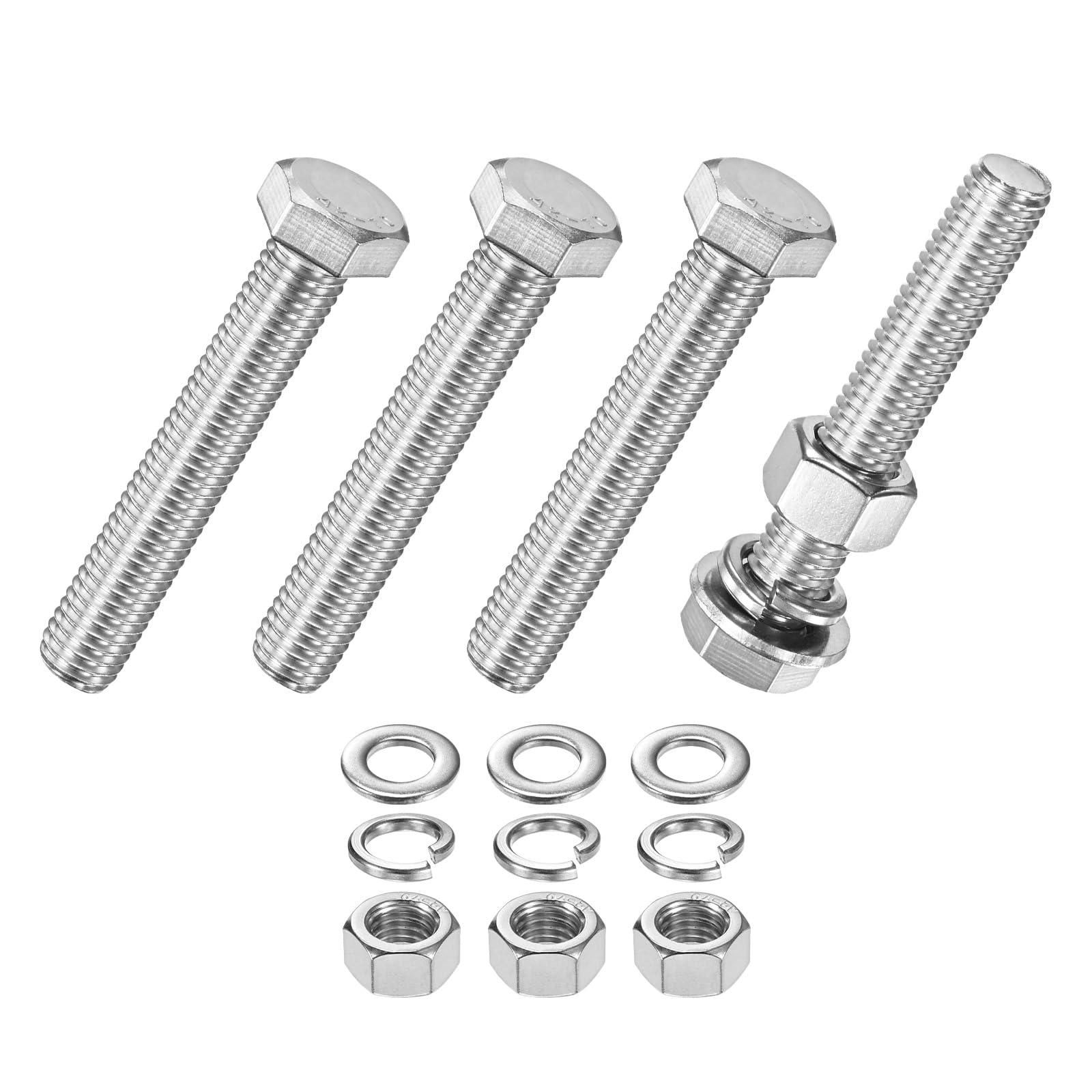 M METERXITY 4-Pack Hex Head Screw Bolt with Nuts Flat & Lock Washers M12x70mm Stainless Steel Bolts and Nuts Kit Fully Threaded Metric Bolt Assortment for Equipment/Machinery
