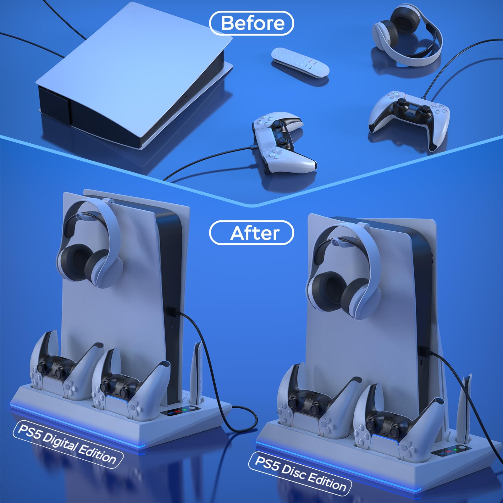 PS5 Ständer mit PS5 Controller Ladestation und 3 Stufig PS5 Lüfter für PS5 Digital/PS5 Disc, 4 in 1 PS5 Standfuß PS5 Kühler PS5 Ladestation Headset/Fernbedienung Halterung PS5 Zubehör mit Ladekabel