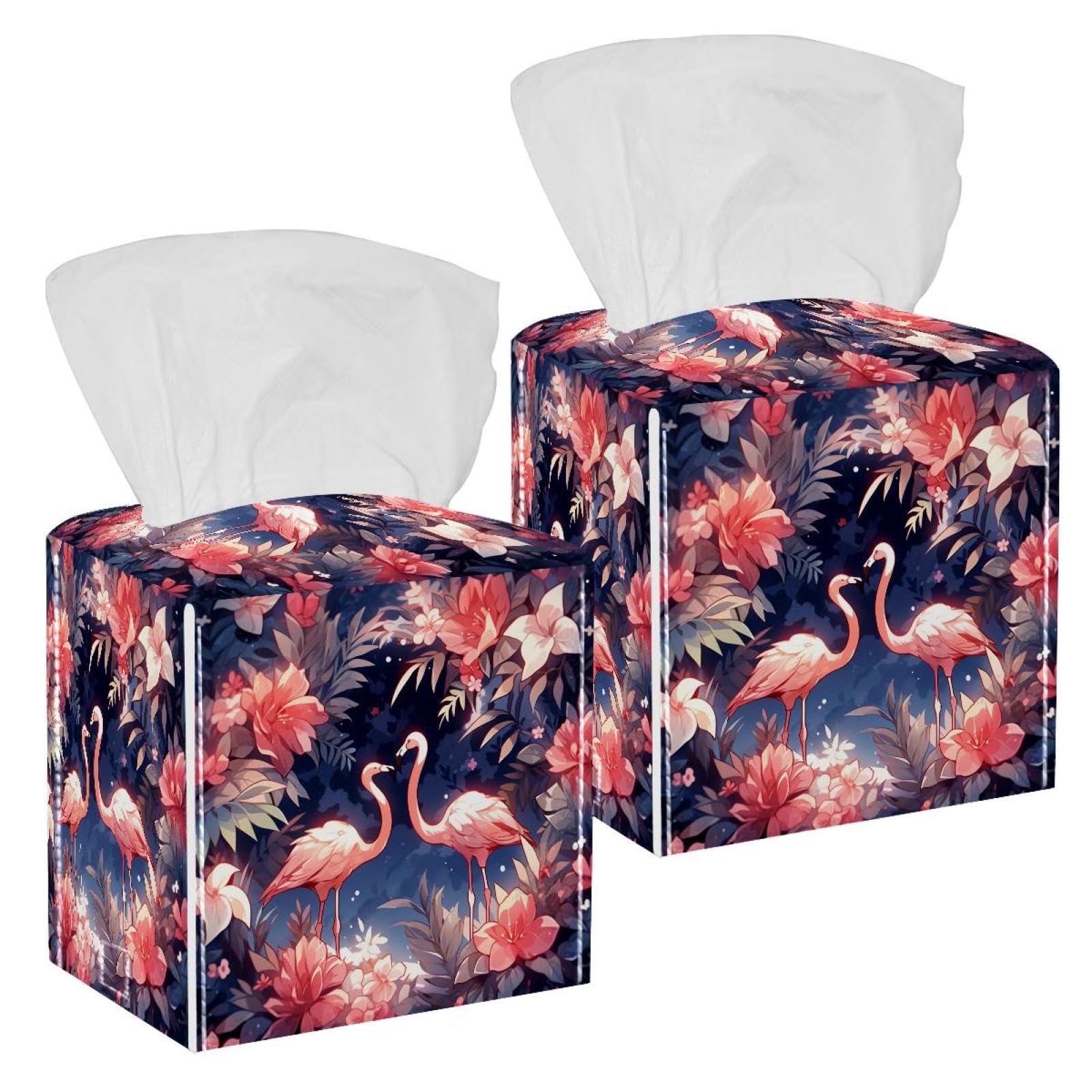 Tropical Jungle Flamingo Tissue Box Cover, 2 Pack PU Leather Square Facial Tissue Dispenser Box holder for Home Office Car
