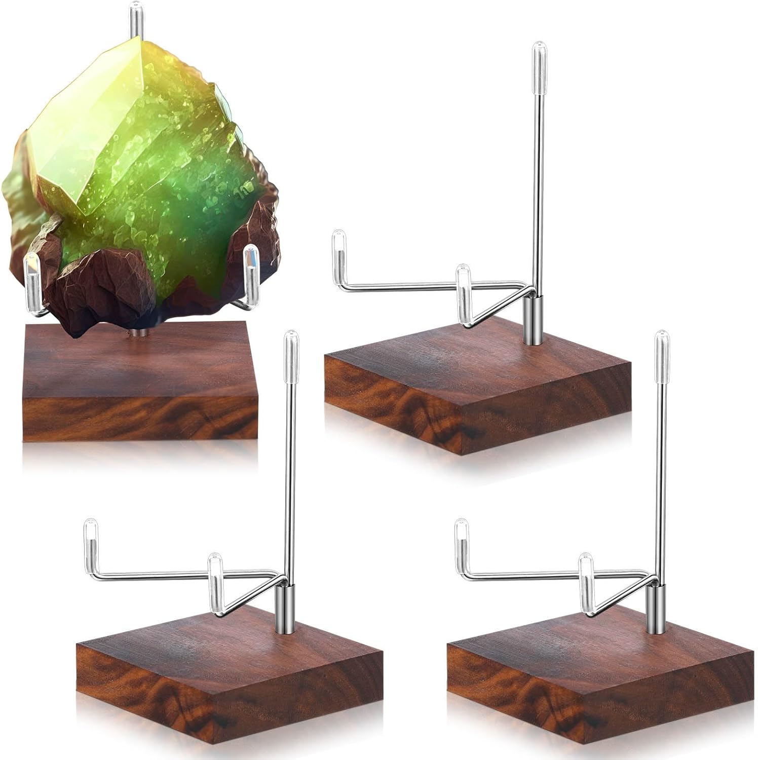 Wenqik 4 Pcs Crystal Display Stand Adjustable Metal Arms Small Rock Display Stand with Wooden Base Geodes Rock Agate Mineral Easel Holder for Collectibles(2.56 x 2.56 x 4.33 Inch,Silver)