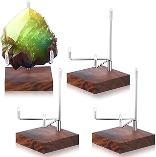 Wenqik 4 Pcs Crystal Display Stand Adjustable Metal Arms Small Rock Display Stand with Wooden Base Geodes Rock Agate Mineral Easel Holder for Collectibles(2.56 x 2.56 x 4.33 Inch)