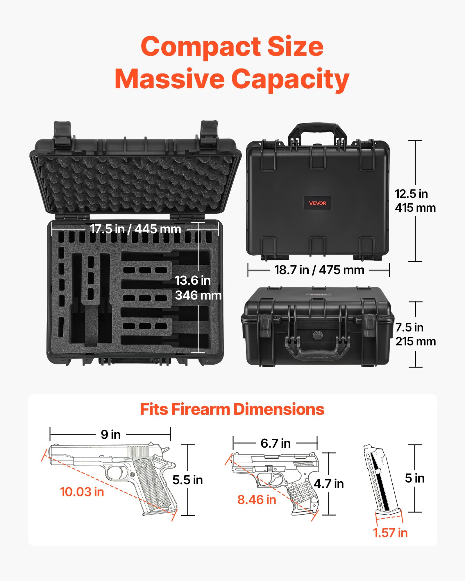 VEVOR Estuche Rígido para Pistola con Revestimiento de Espuma XPE, Funda para 6 Pistolas, Resistente al Agua y Polvo con Interior Personalizable y Asa 475 x 415 x 215 mm, Negro, Cumple con la TSA