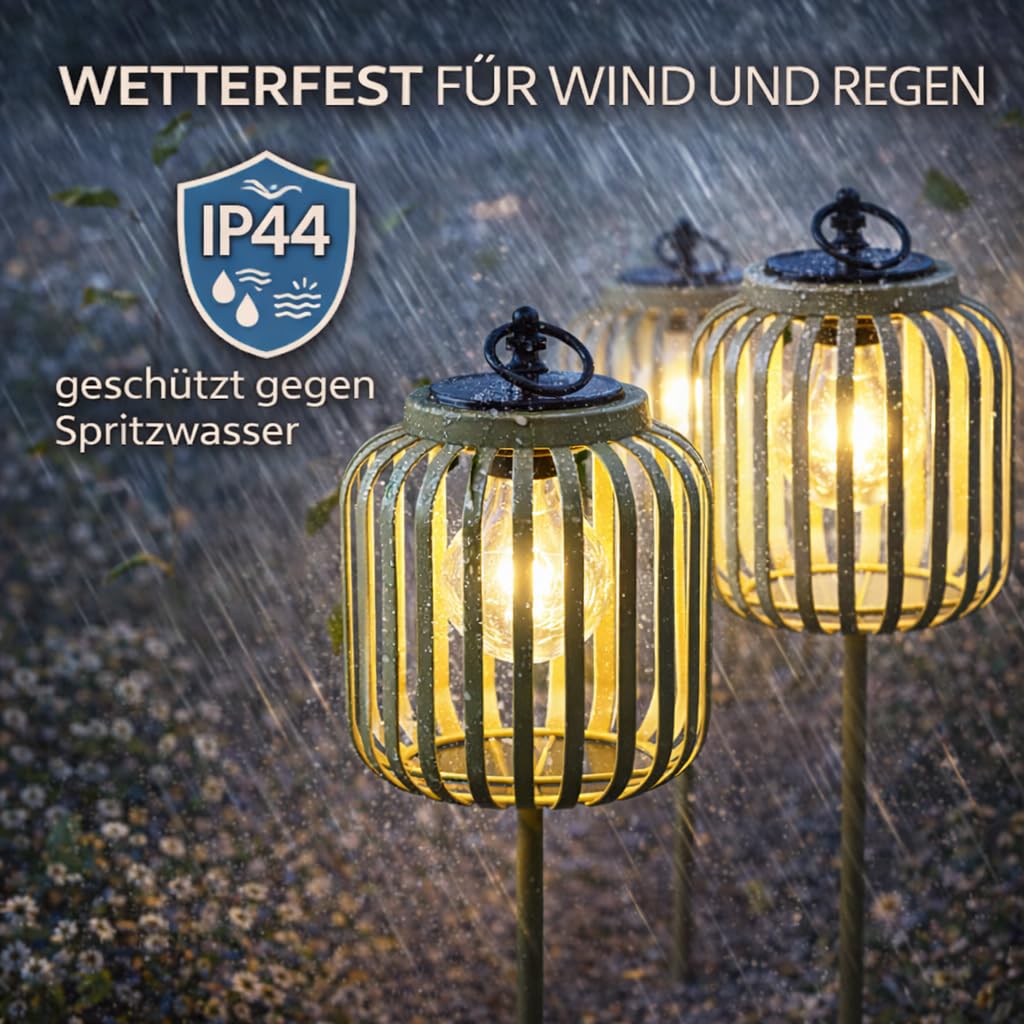 formano 3er Set Solar Gartenstecker Windlicht Solarleuchten mit LED-Birne & Dämmerungssensor Metall Gartenbeleuchtung IP44 für Garten Beet & Terrasse dekorative Solar Lampen Höhe 87 cm Ø16 cm