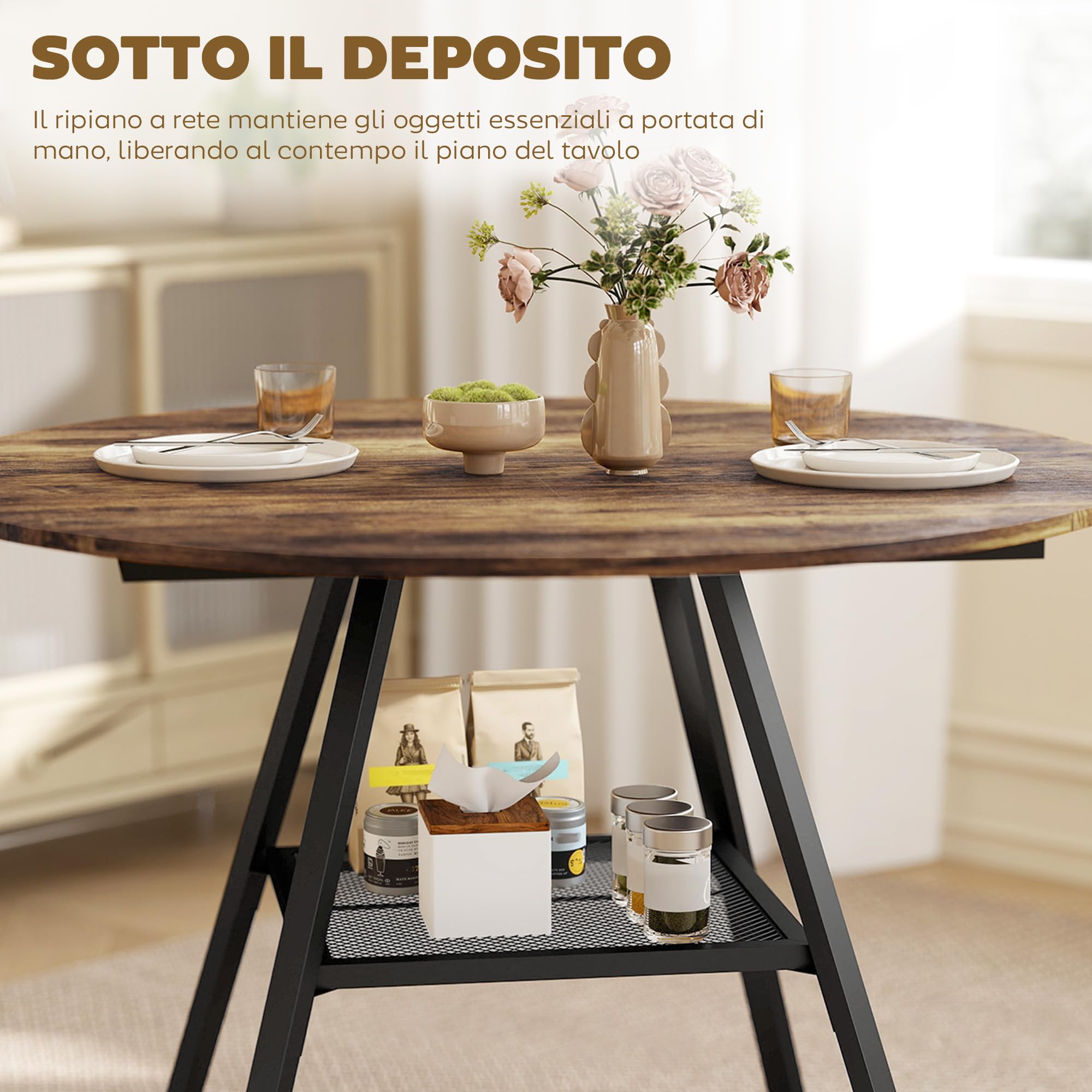 HOMCOM Tavolo da Pranzo Rotondo per 4 Persone, Tavolo Cucina Ø100 cm con Ripiano a Rete, Piano Effetto Legno e Gambe a Croce in Metallo, Tavolino da Soggiorno Sala da Pranzo, Marrone Rustico