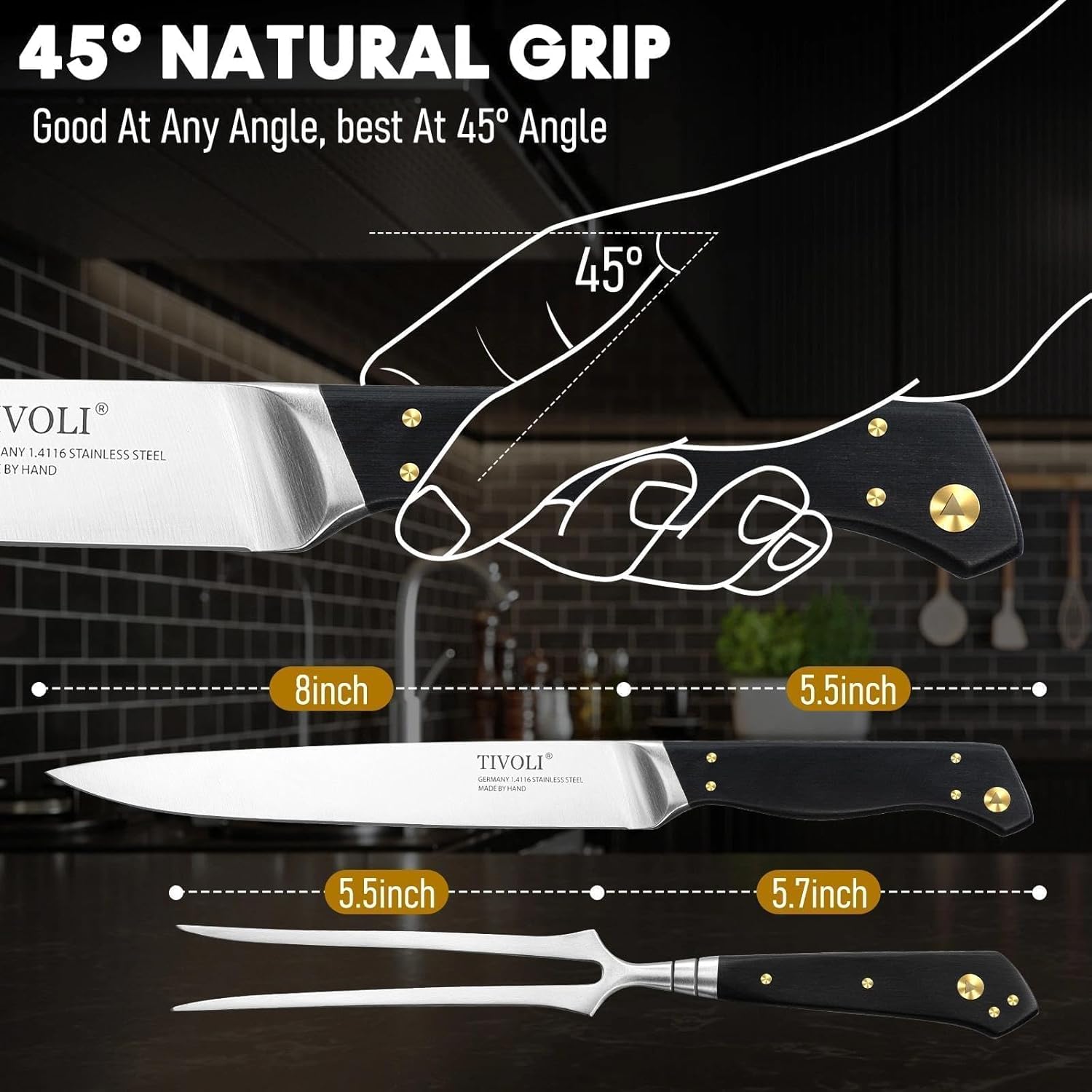 TIVOLI Turkey Carving Knife Set, Carving Fork & Knife for Roast, Meat, BBQ, Brisket, Razor Sharp Premium German Steel Full Tang 8-Inch Slicing Knife with 6.5-Inch Fork Set, Ergonomic Handle- Gift Box - Image 2