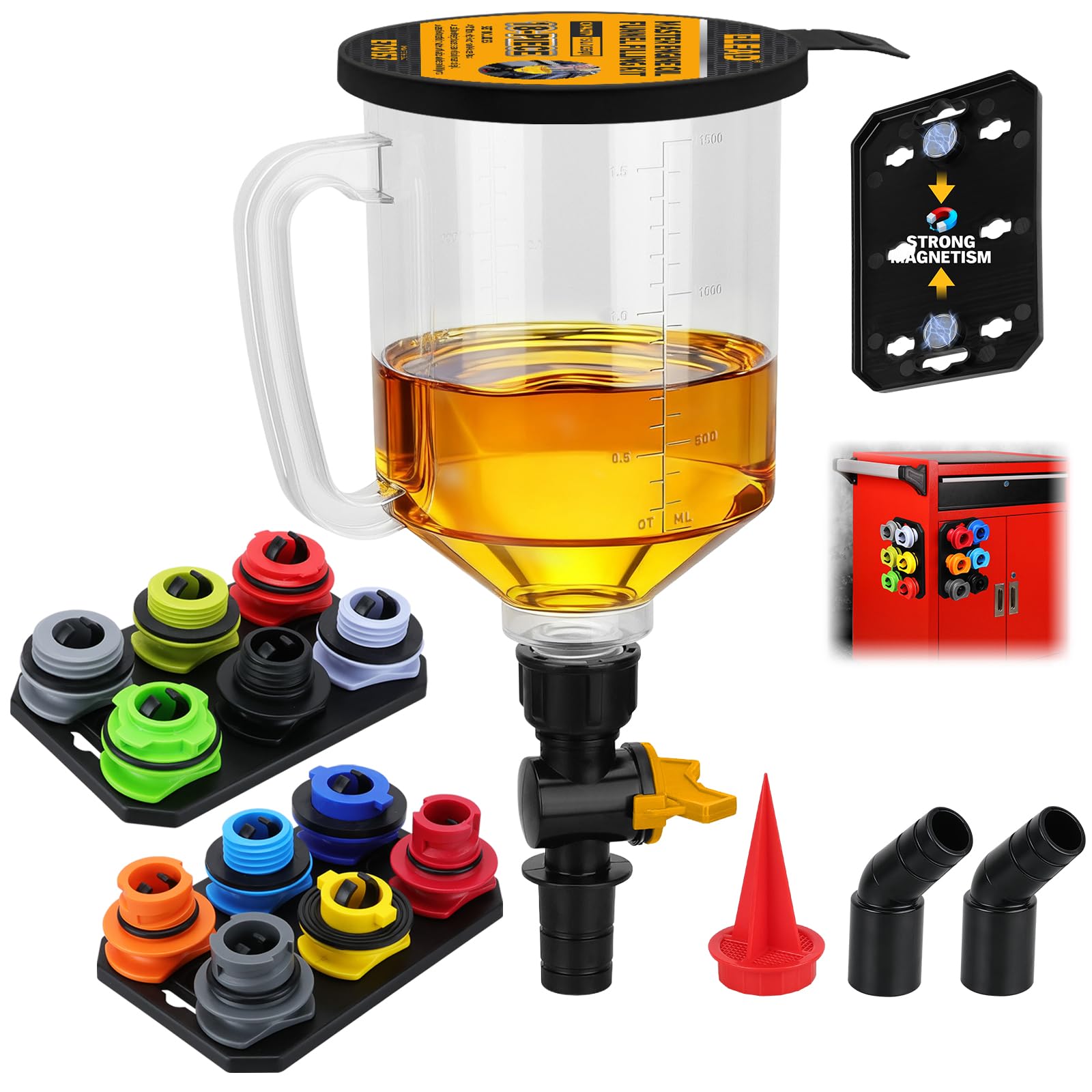 18-Piece Engine Oil Funnel Kit, 1.59QT/ 1.5L Automotive Coolant Funnel Set, 12 Adapters, Elbow Fitting, Arrow Screen and Magnetic Storage Tray, Compatible with GM, Ford, BMW, Audi, Land Rover Etc
