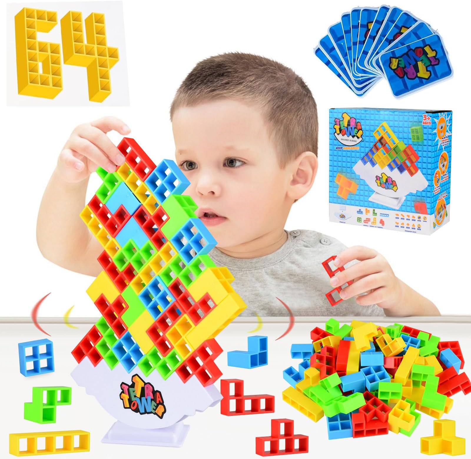 BIQIQI 64-Piece Tetra Tower Balance Blocks - Stack Attack Game, Kids & Adults Juguete de Apilamiento Educational, Montessori