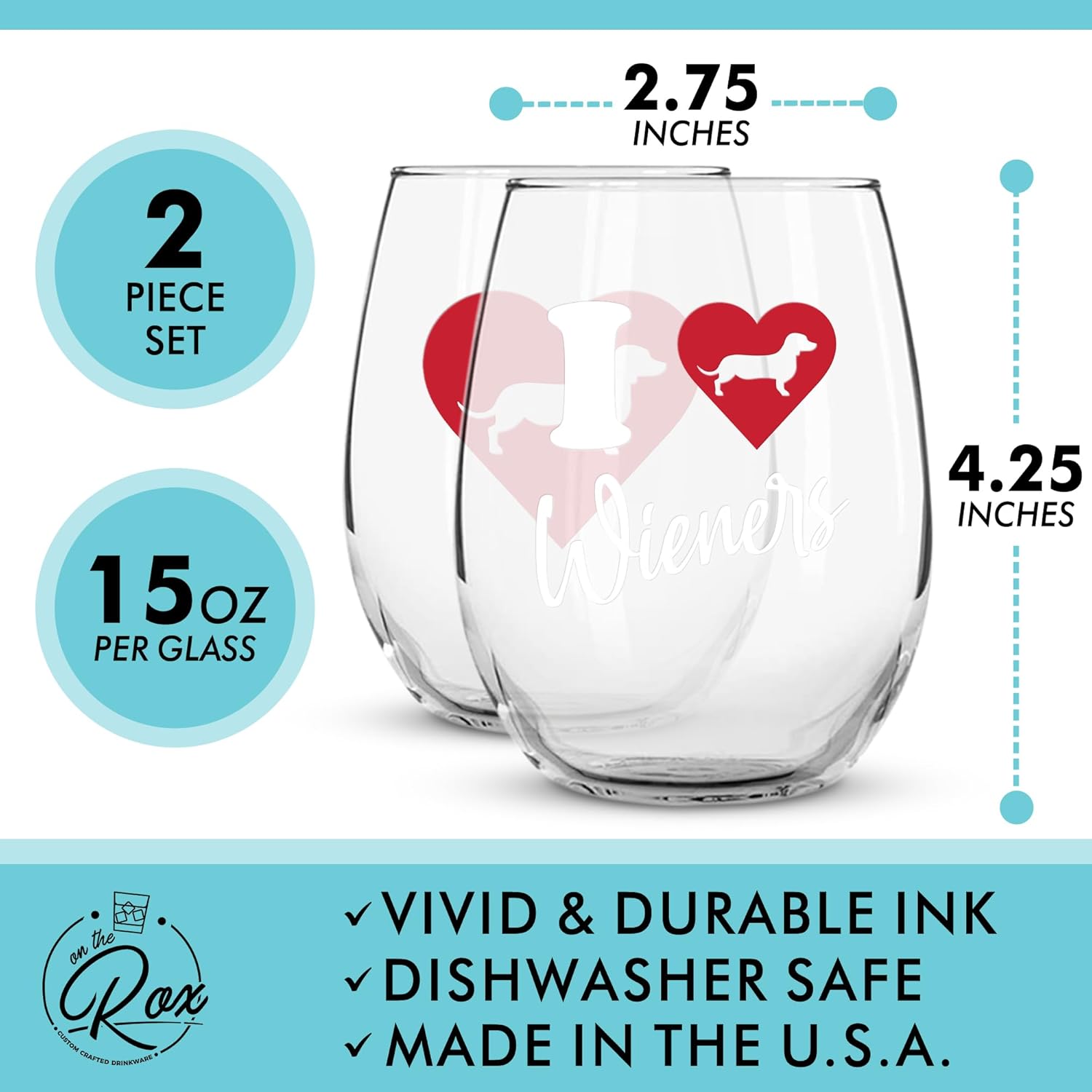 On The Rox Dachshund Gifts for Dog Lovers - I Love Wieners 15 oz Stemless Dog Wine Glass Set of 2 - Funny Cup, Tumbler, Stuff for Pet-Loving Mom, Grandma - Weenie Dog Gifts For Women Drinks
