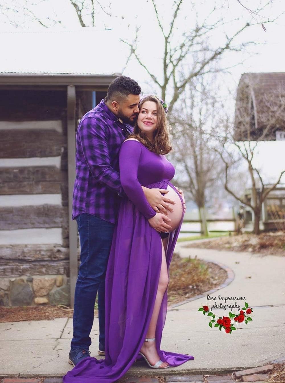 ZIUMUDY Maternity Maxi Chiffon Photography Dress Split Front Gown for Photoshoot - Image 3