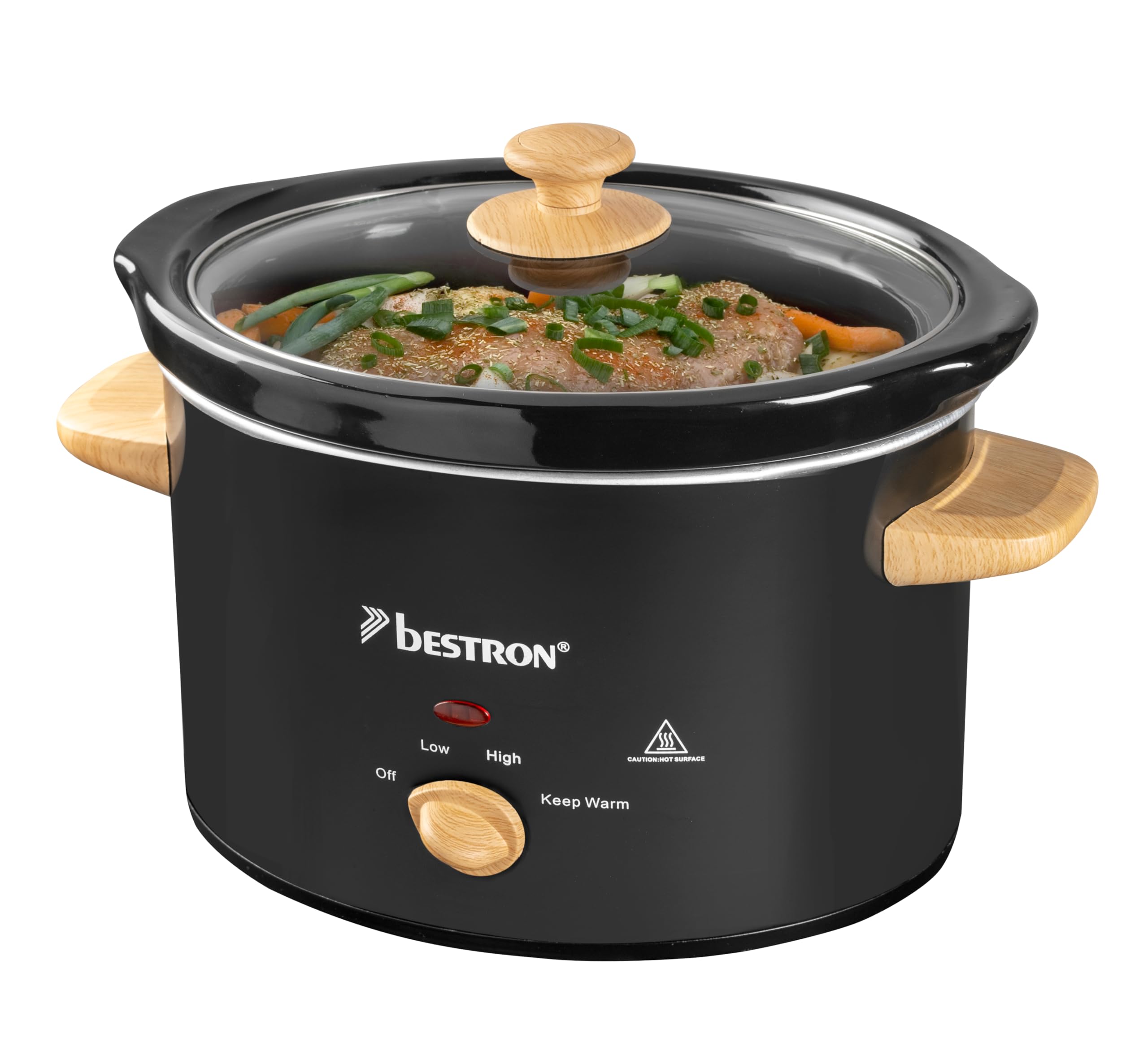 Bestron Slowcooker para 4 personas, Olla de Cocción Lenta con cacerola de cerámica y tapa de vidrio, termostato de 3 niveles, ideal para muchos platos como carne y sopas, 3.5 litros, Negro/Madera
