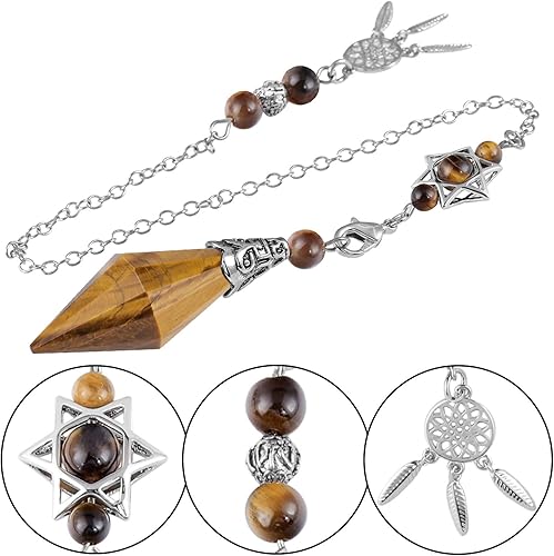 Miniatura 5 de Rockcloud Péndulo de piedra natural de ojo de tigre curativo Reiki de 12 facetas con dije hexagonal de atrapasueños Wicca para equilibrar la