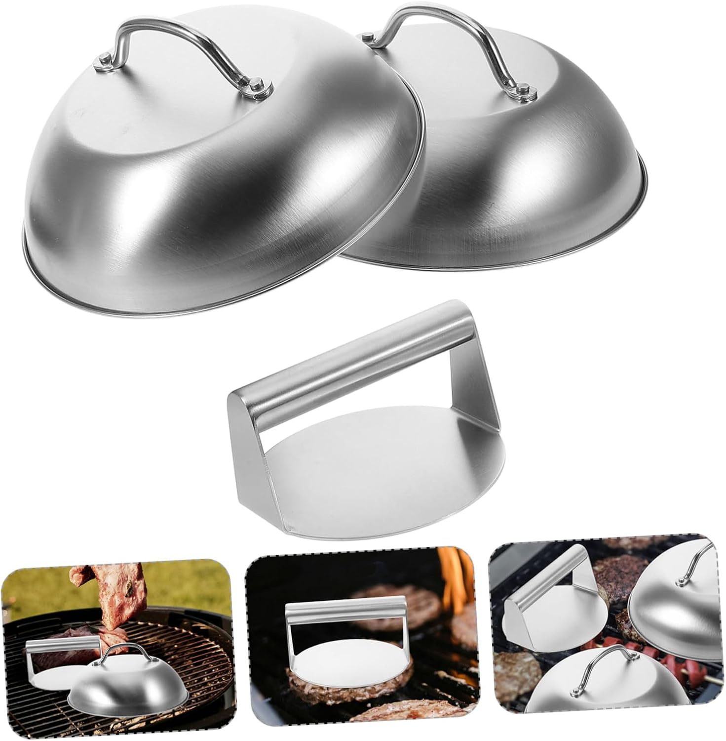 1set Stainless Steel Burger Press with Basting Cover for Smashed Burgers and BBQ Cheese Melting Versatile Griddle Accessories Kit for Outdoor Cooking