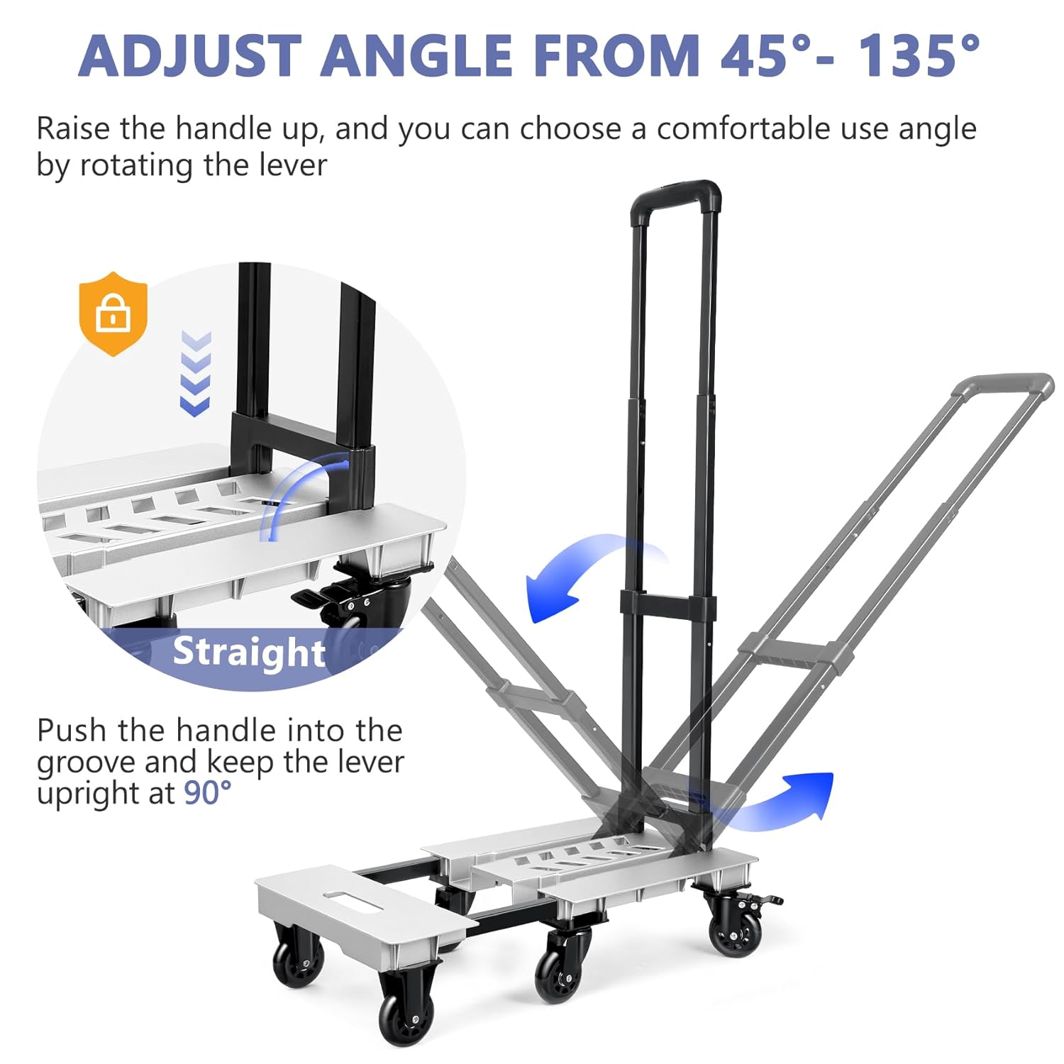KEDSUM Aluminum Panel Folding Hand Truck Dolly, 90  135° Foldable Dolly Cart, 600lbs Heavy Duty Luggage Cart with 6 Wheels for Moving, Travel, Shopping Use