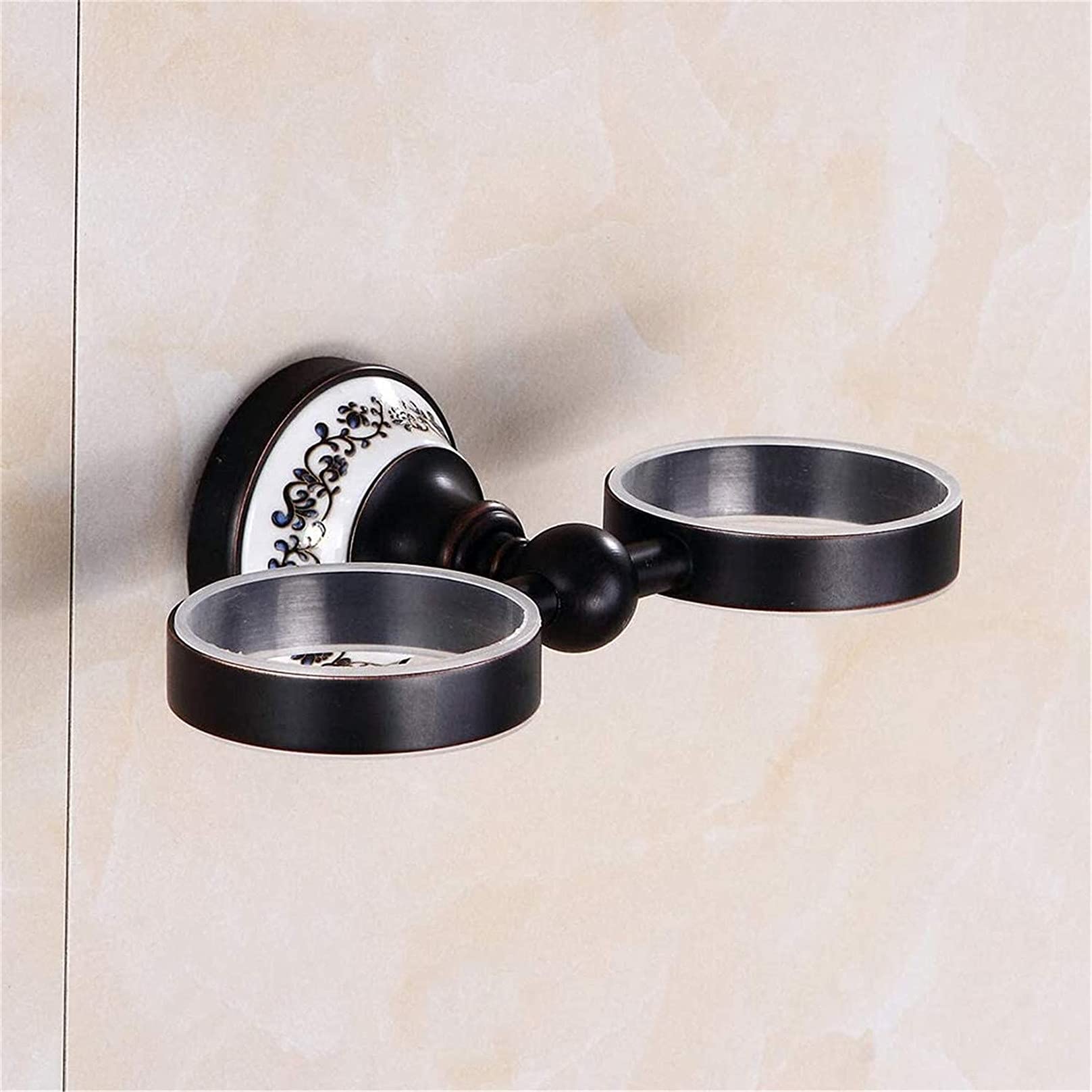 Soportes De Cepillo De Dientes Dobles Retro Montados En La Pared, Portavasos Dobles De Cerámica Portavasos De Cepillo De Dientes De Latón Antiguo Negro Accesorios De Baño De Perforación